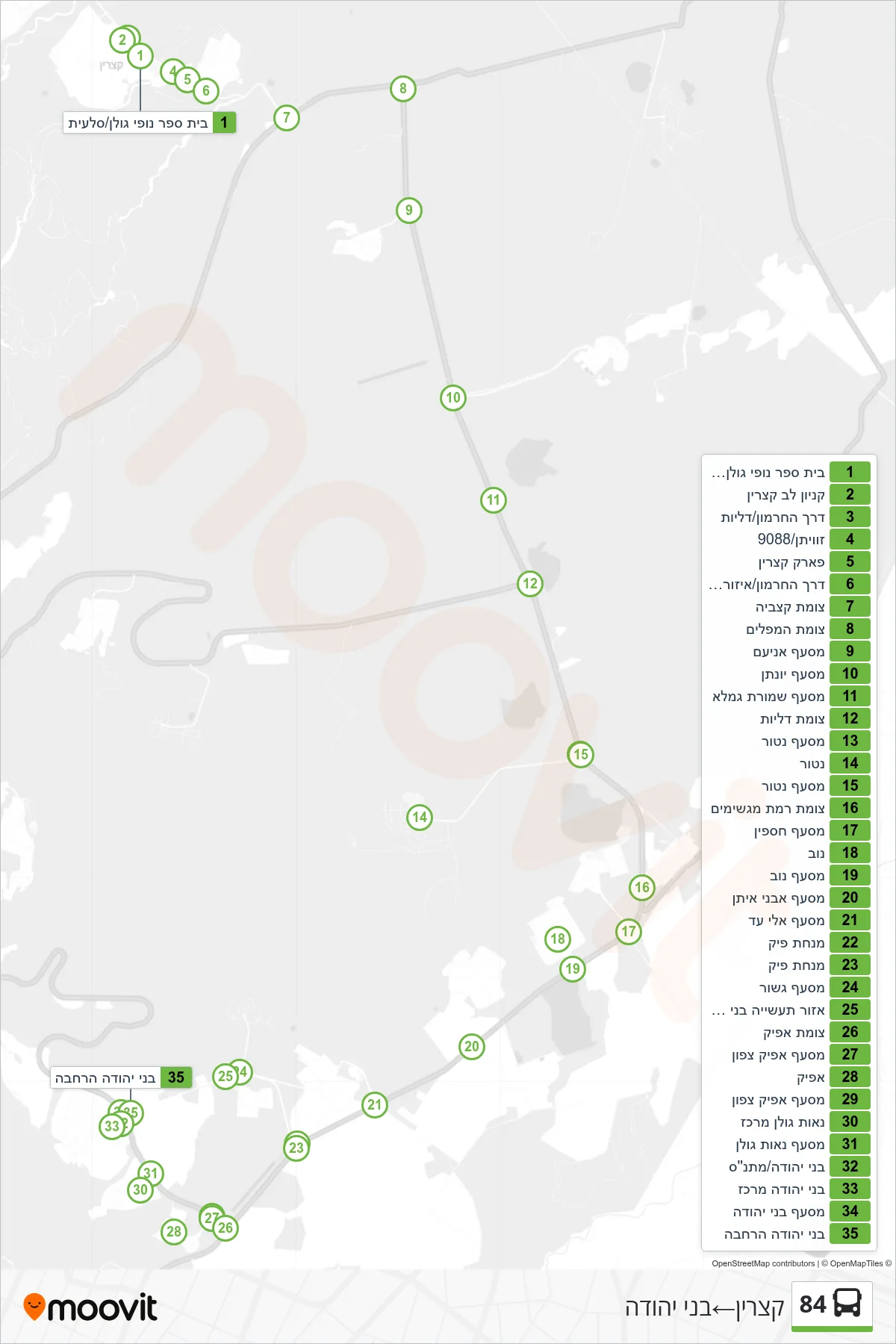84 bus Line (Katzrin‎→Bnei Yehuda) route and stops on a map