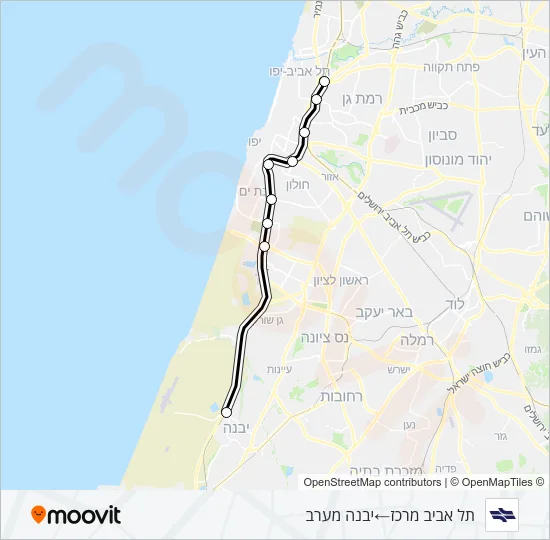 Железные дороги Израиля תל אביב מרכז - יבנה מערב: карта маршрута