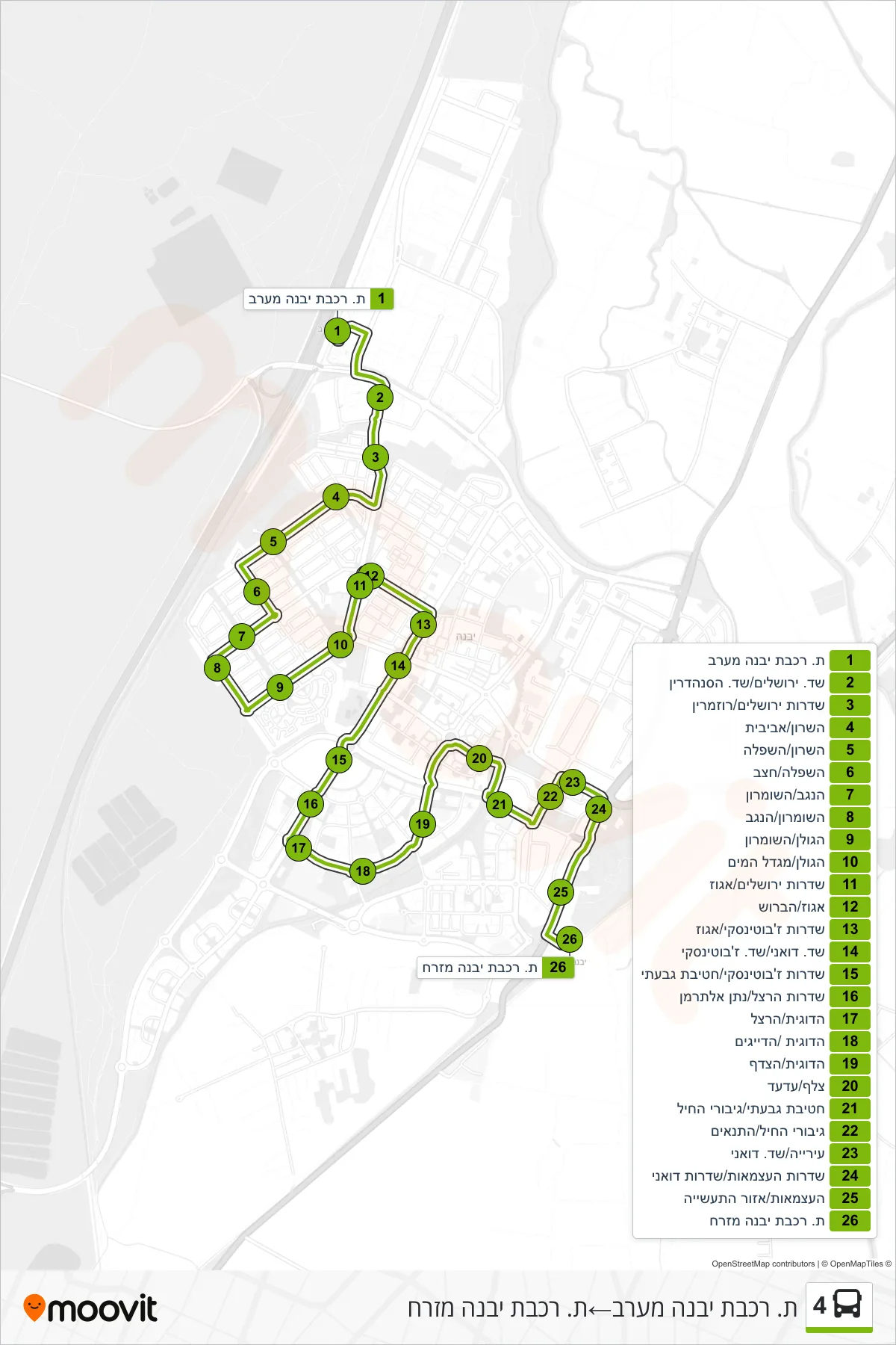 4 bus Line (Yavne West Railway Station‎→Yavne East Railway Station) route and stops on a map