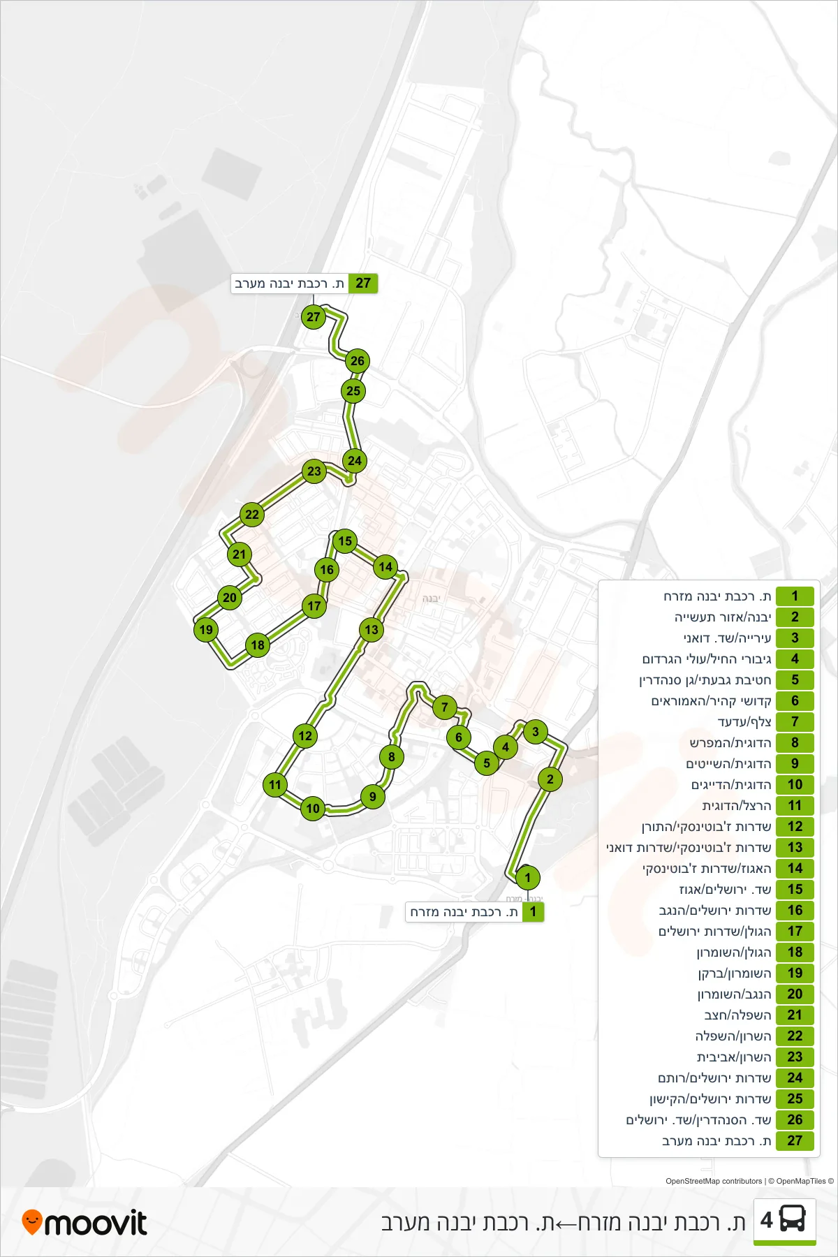 4 bus Line (Yavne East Railway Station‎→Yavne West Railway Station) route and stops on a map