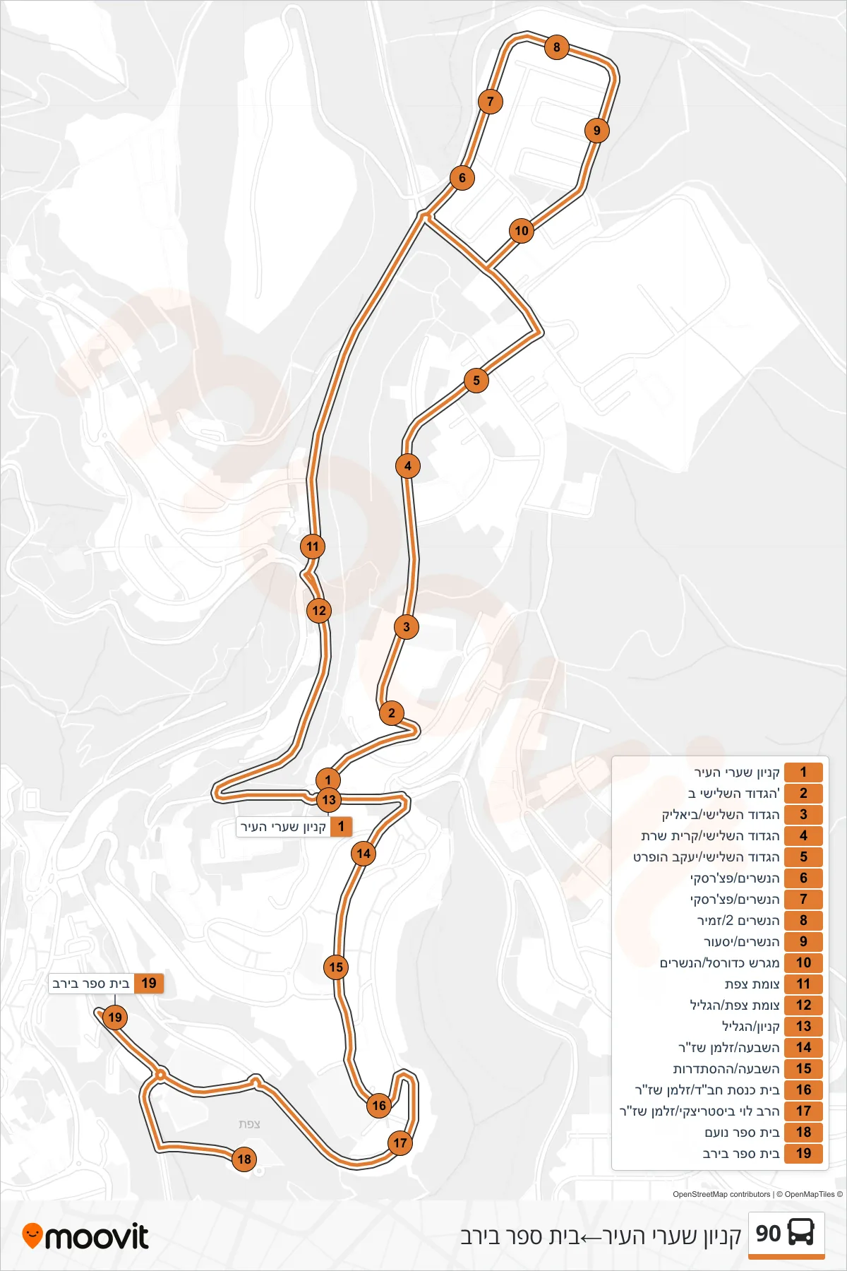 90 bus Line (Shaarei Ha'ir Mall→Beirav School) route and stops on a map