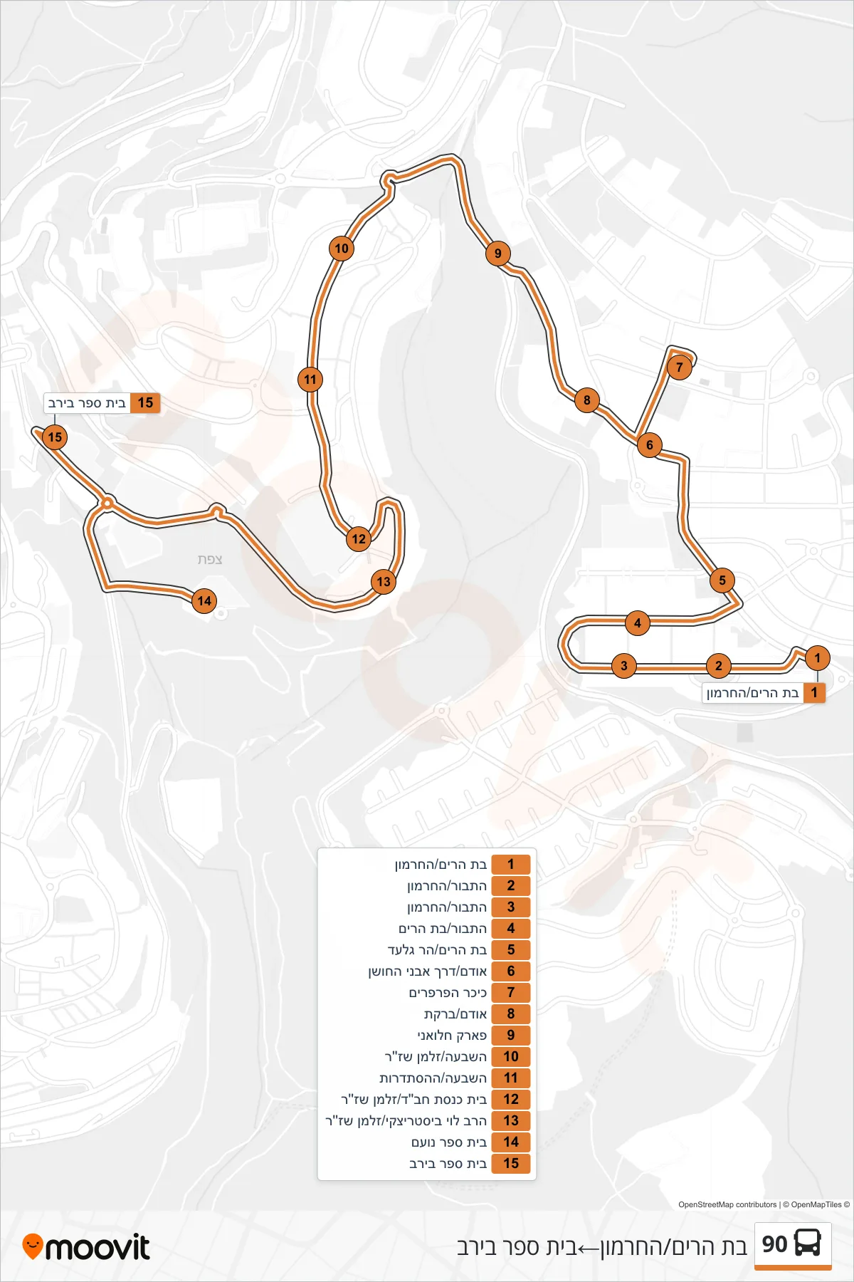 90 Line (Bat Harim/HaHermon→Beirav School) route and stops on a map