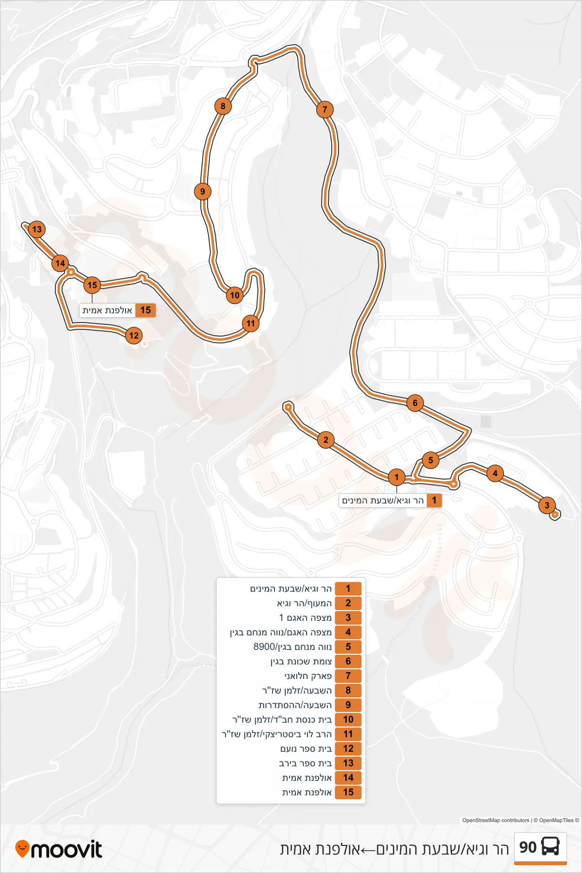 90 bus Line (Har VeGai/Shivat HaMinim→Ulpanat Amit) route and stops on a map