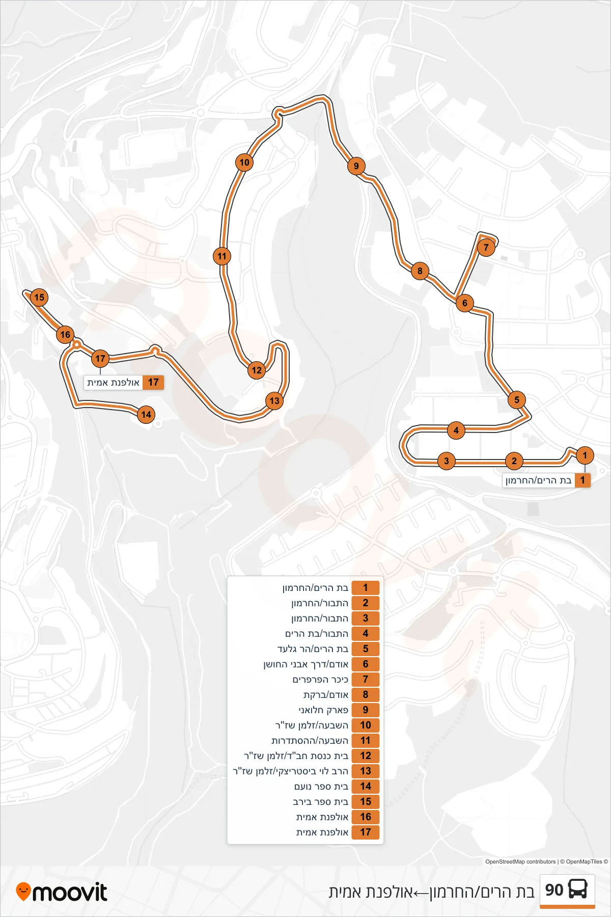 90 bus Line (Bat Harim/HaHermon→Ulpanat Amit) route and stops on a map