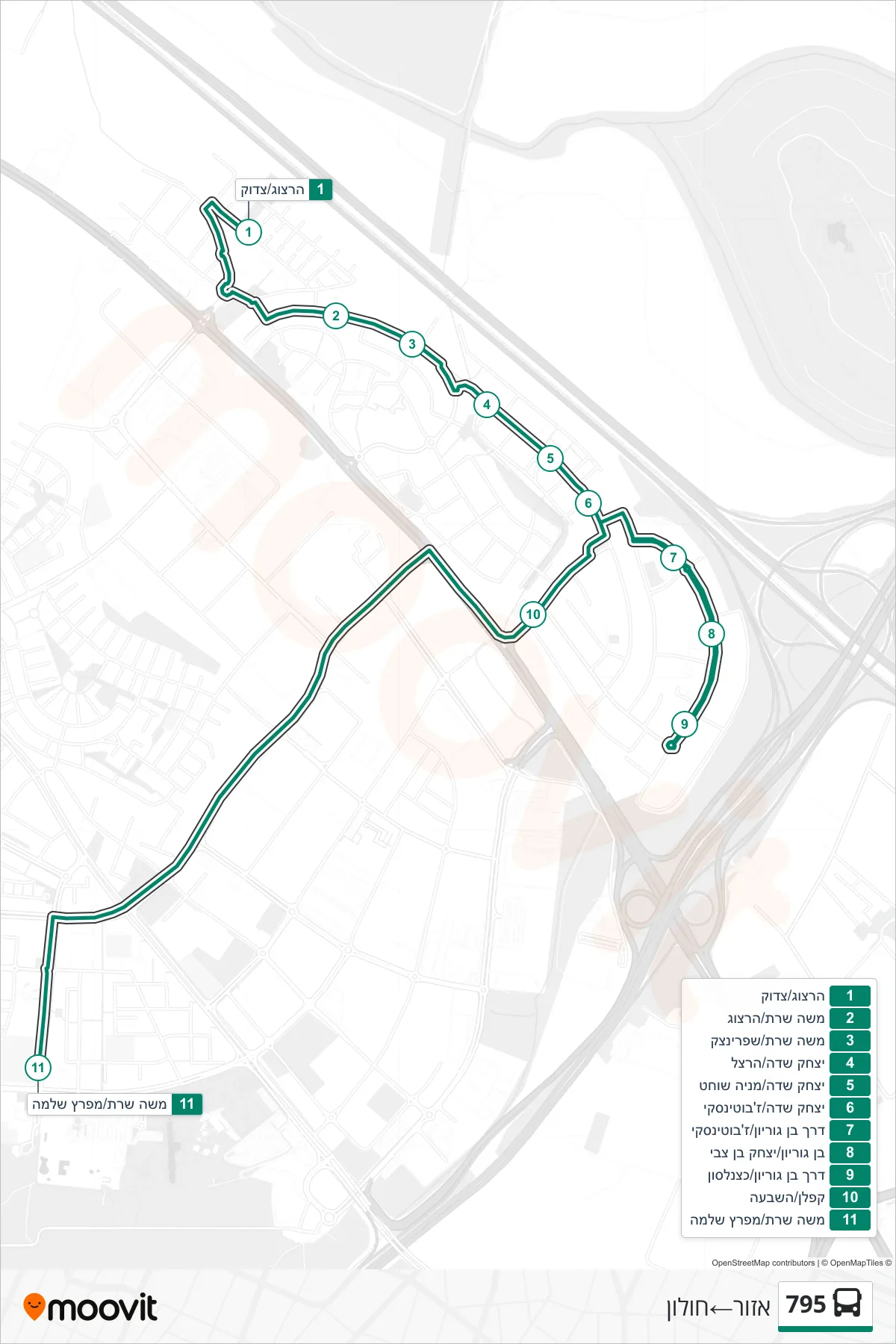 795 bus Line (Azor‎→Holon) route and stops on a map
