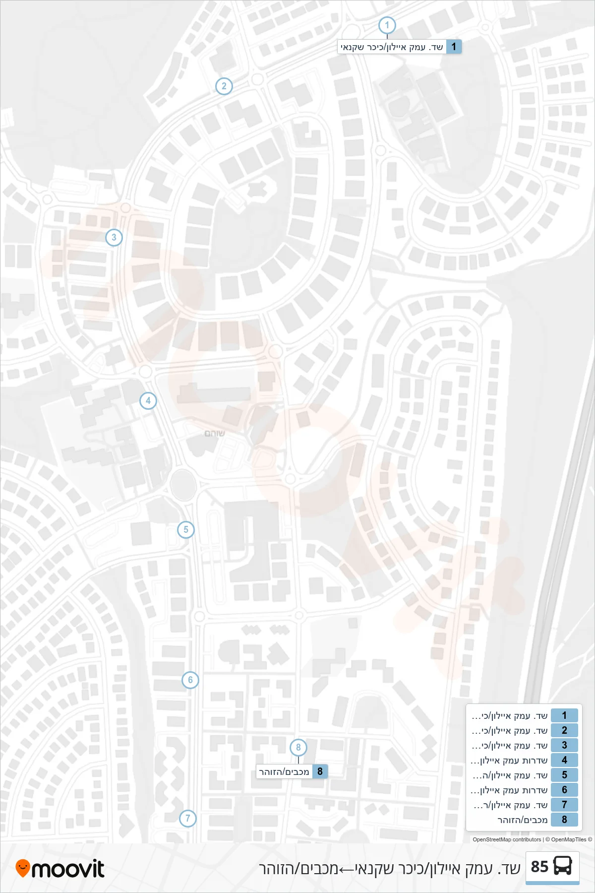 85 bus Line (Ayalon Valley Blvd/Shachnai Square‎→Maccabim/HaZohar) route and stops on a map