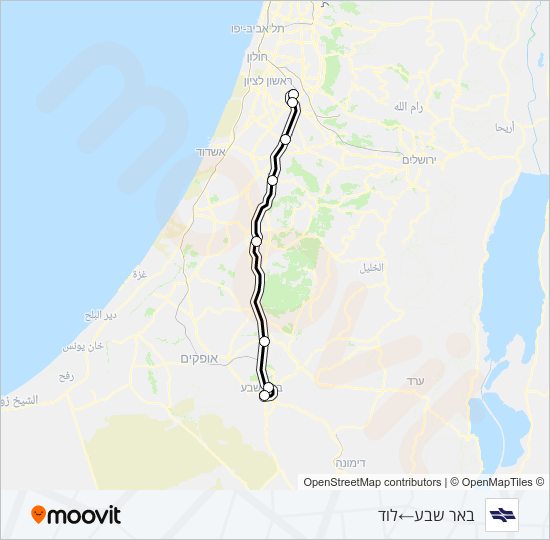 מפת המסלול של קו רכבת ישראל באר שבע מרכז - לוד