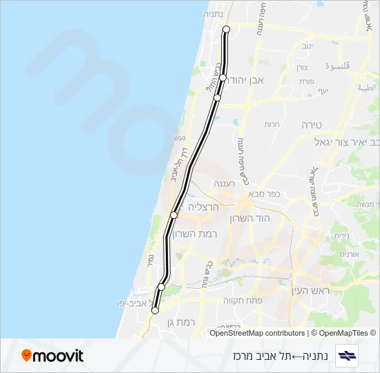 Железные дороги Израиля נתניה - תל אביב מרכז: карта маршрута
