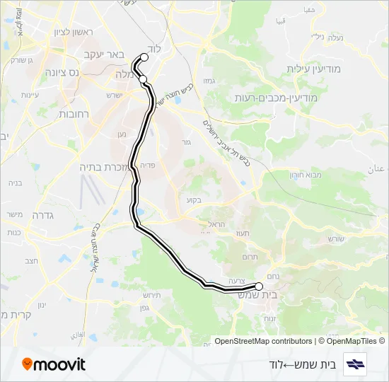 מפת המסלול של קו רכבת ישראל בית שמש - לוד