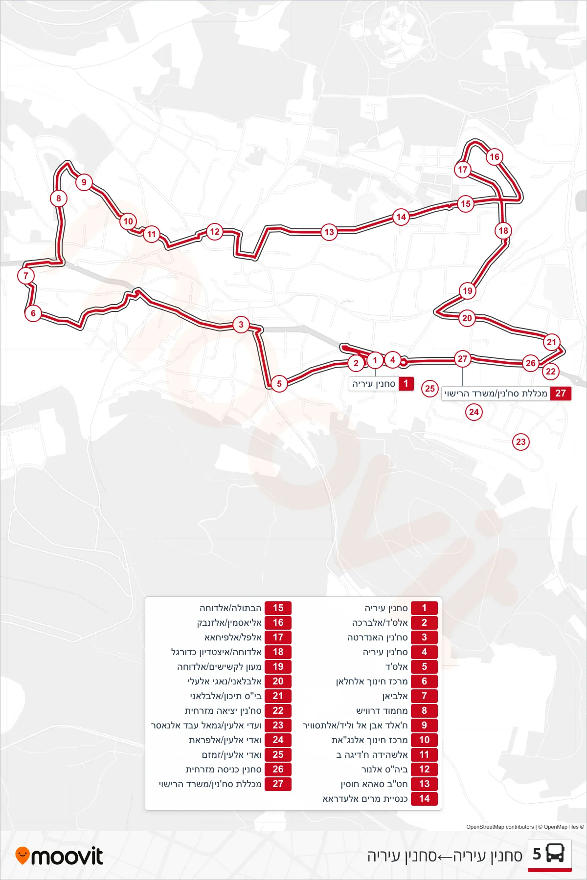 5 bus Line (Sakhnin City Hall‎→Sakhnin City Hall) route and stops on a map