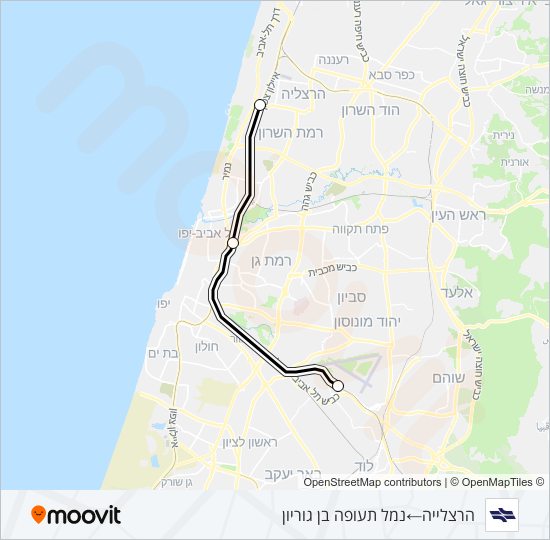 מפת המסלול של קו רכבת ישראל הרצליה - נתב''ג ✈