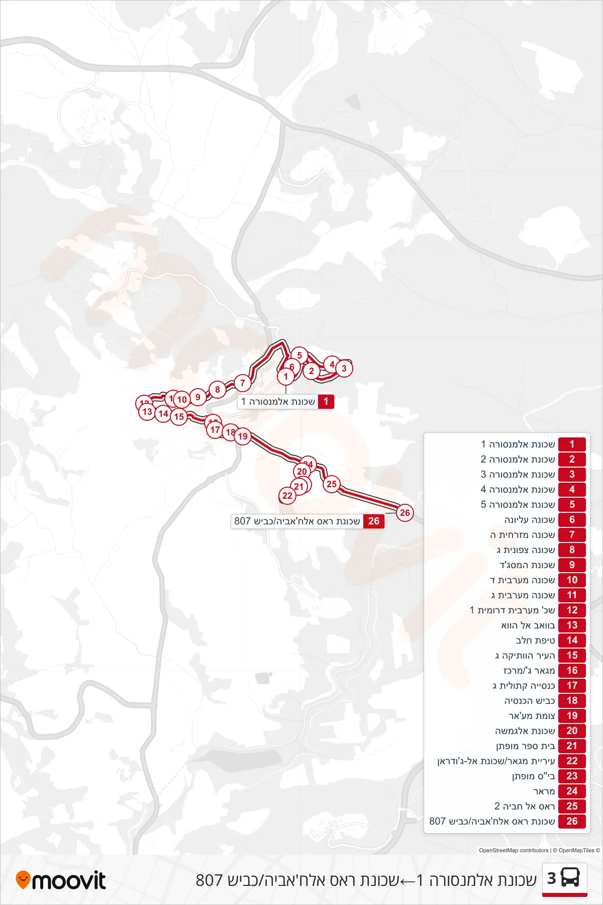 3 bus Line (Al-Mansoura Neighborhood 1‎→Ras Al Khabiya Neighborhood/Highway 807) route and stops on a map