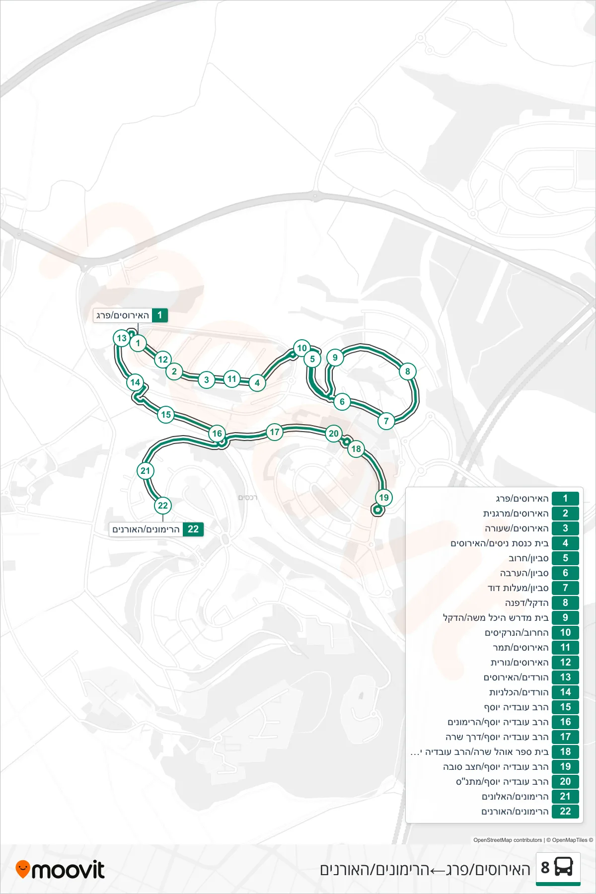 8 bus Line (HaIrisim/Pereg‎→HaRimonim/HaOranim) route and stops on a map