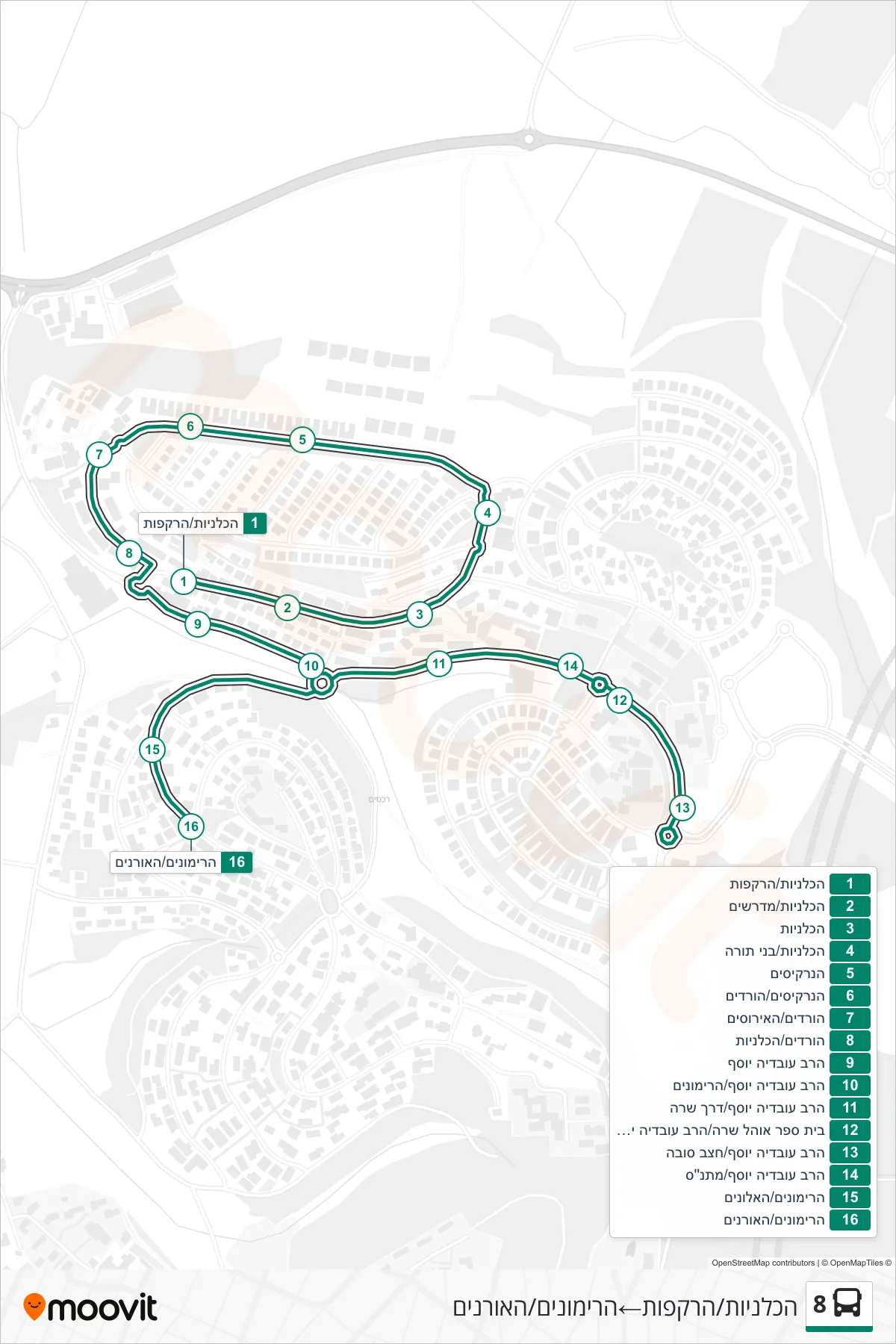 8 bus Line (HaKalaniot/HaRakafoot‎→HaRimonim/HaOranim) route and stops on a map
