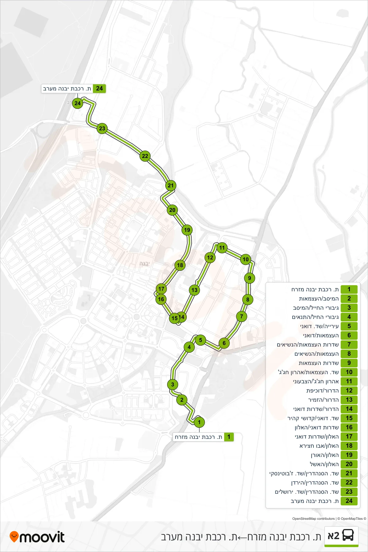 2A bus Line (Yavne East Railway Station‎→Yavne West Railway Station) route and stops on a map