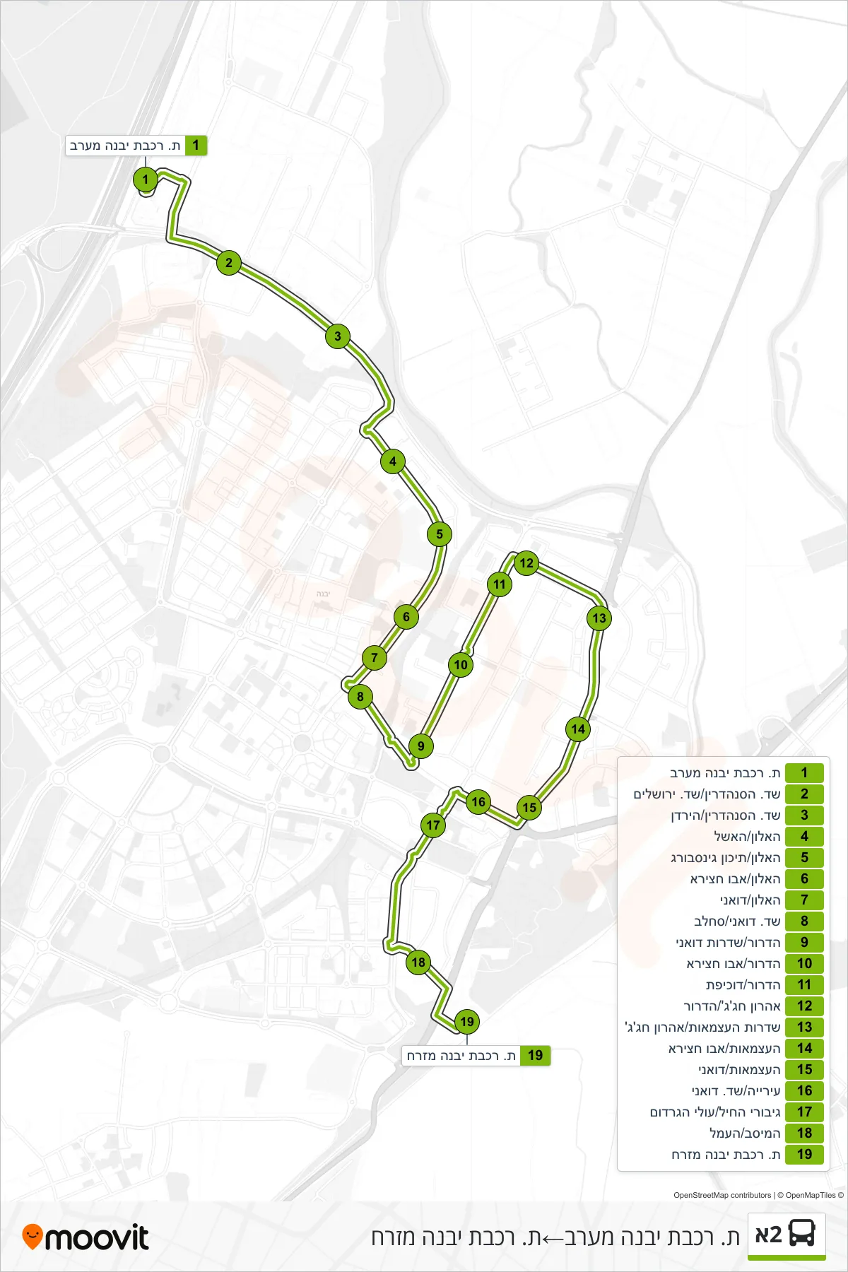 2A  Line (Yavne West Railway Station‎→Yavne East Railway Station) route and stops on a map