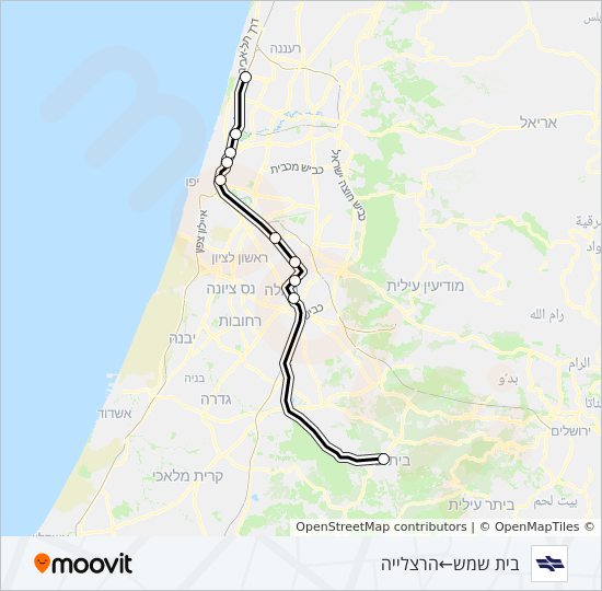 מפת המסלול של קו רכבת ישראל בית שמש - הרצליה