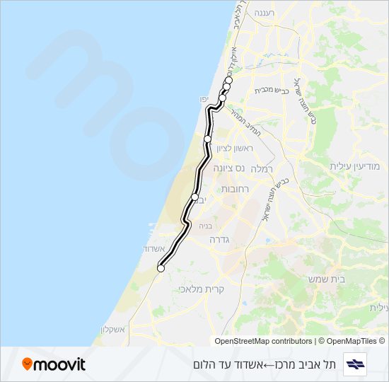 מפת המסלול של קו רכבת ישראל תל אביב מרכז - אשדוד עד הלום