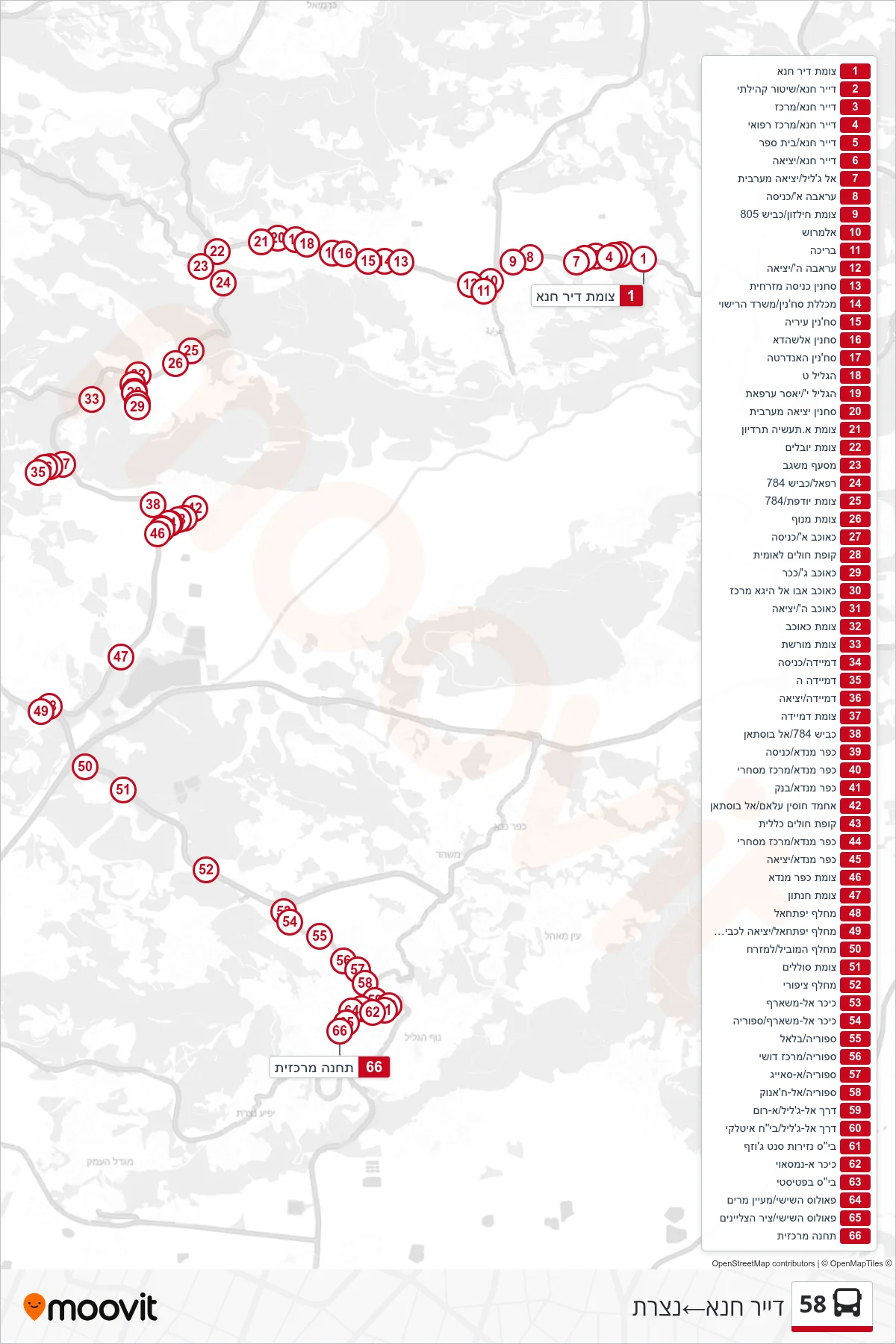 58 bus Line (Deir Hanna→Nazareth) route and stops on a map