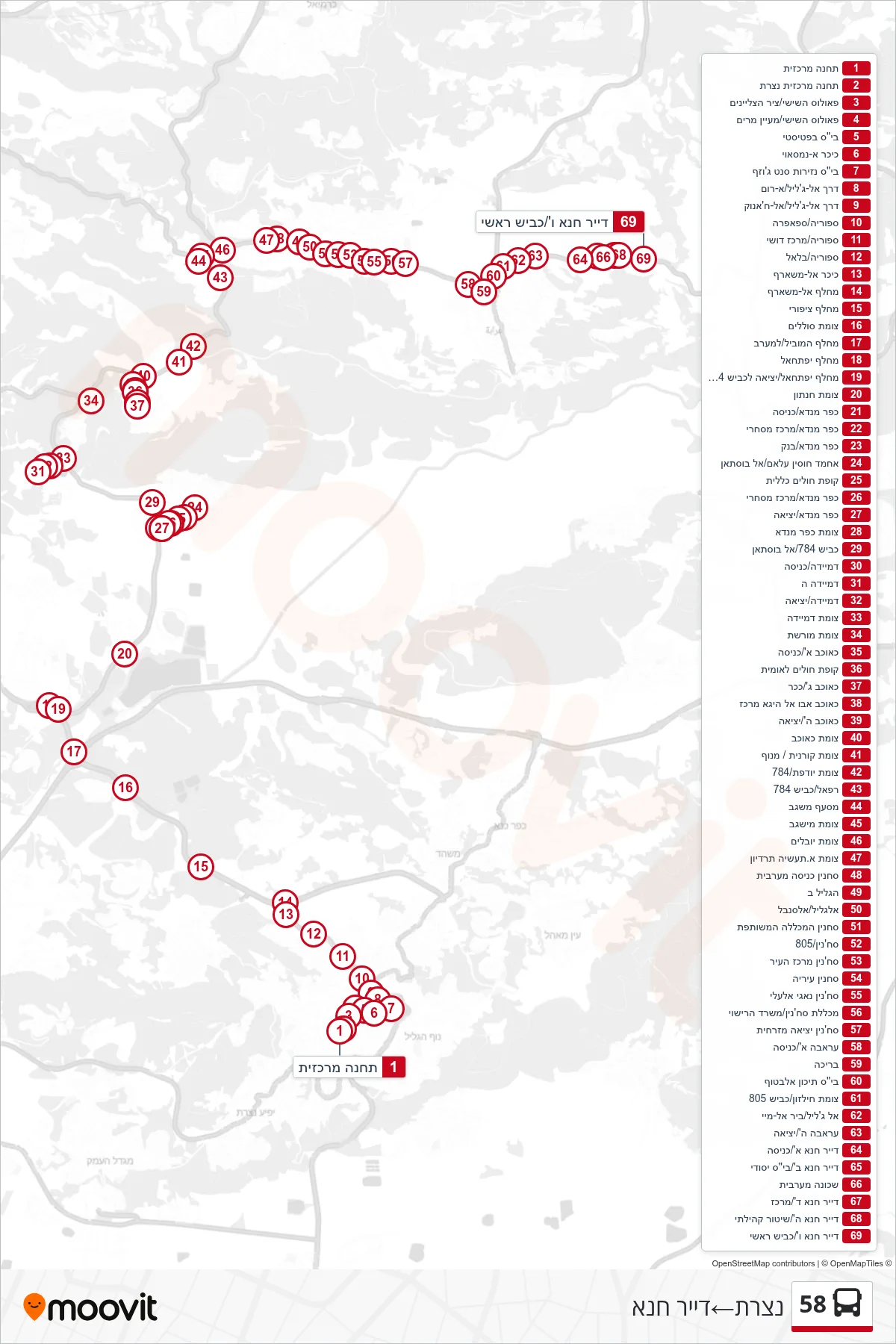 58 bus Line (Nazareth‎→Deir Hanna) route and stops on a map