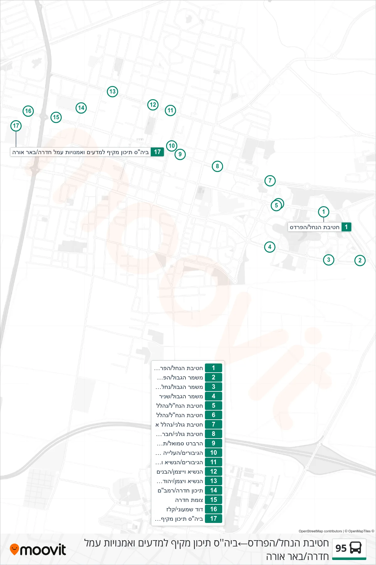 95 bus Line (Hativat HaNahal/HaPardes‎→Amal Hadera Science & Arts High School/Be'er Ora) route and stops on a map