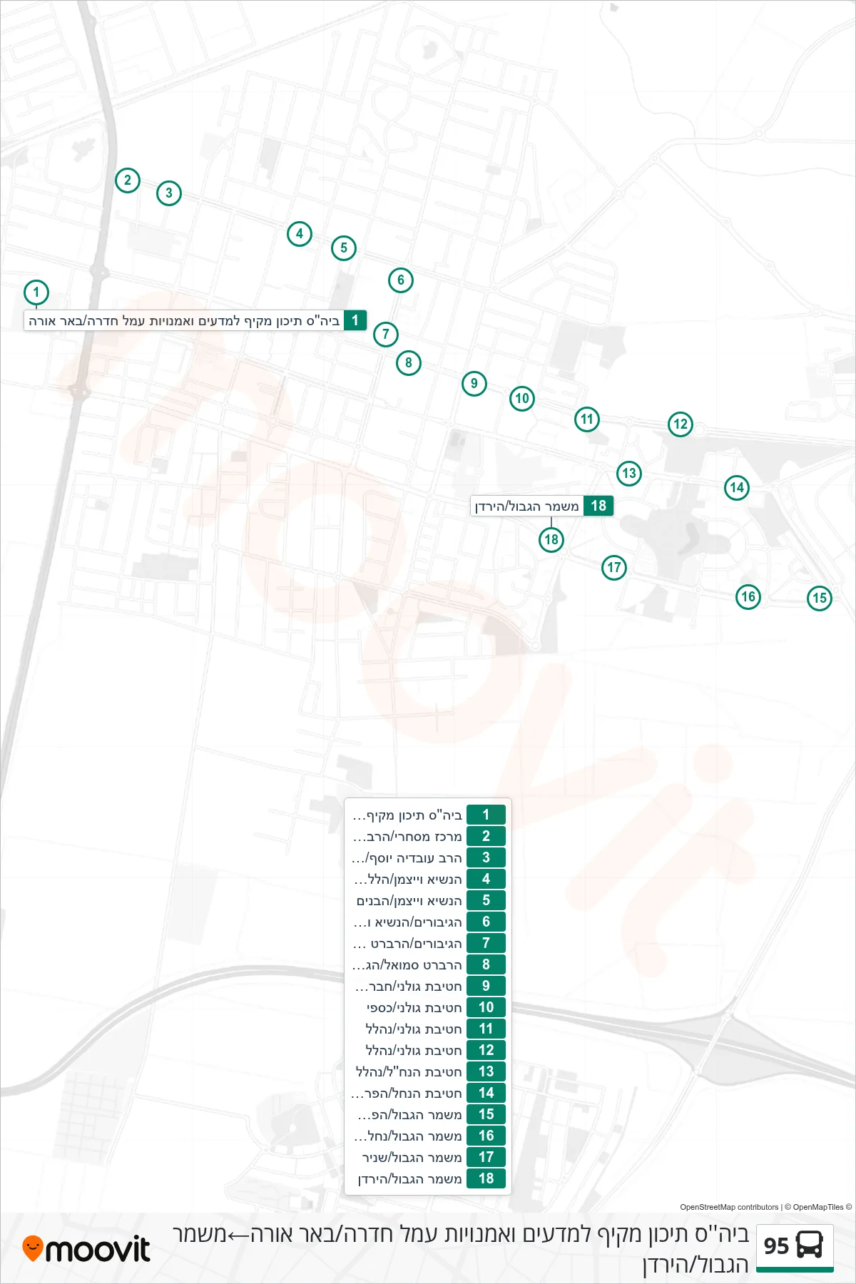 95  Line (Amal Hadera Science & Arts High School/Be'er Ora‎→Border Police/HaYarden) route and stops on a map