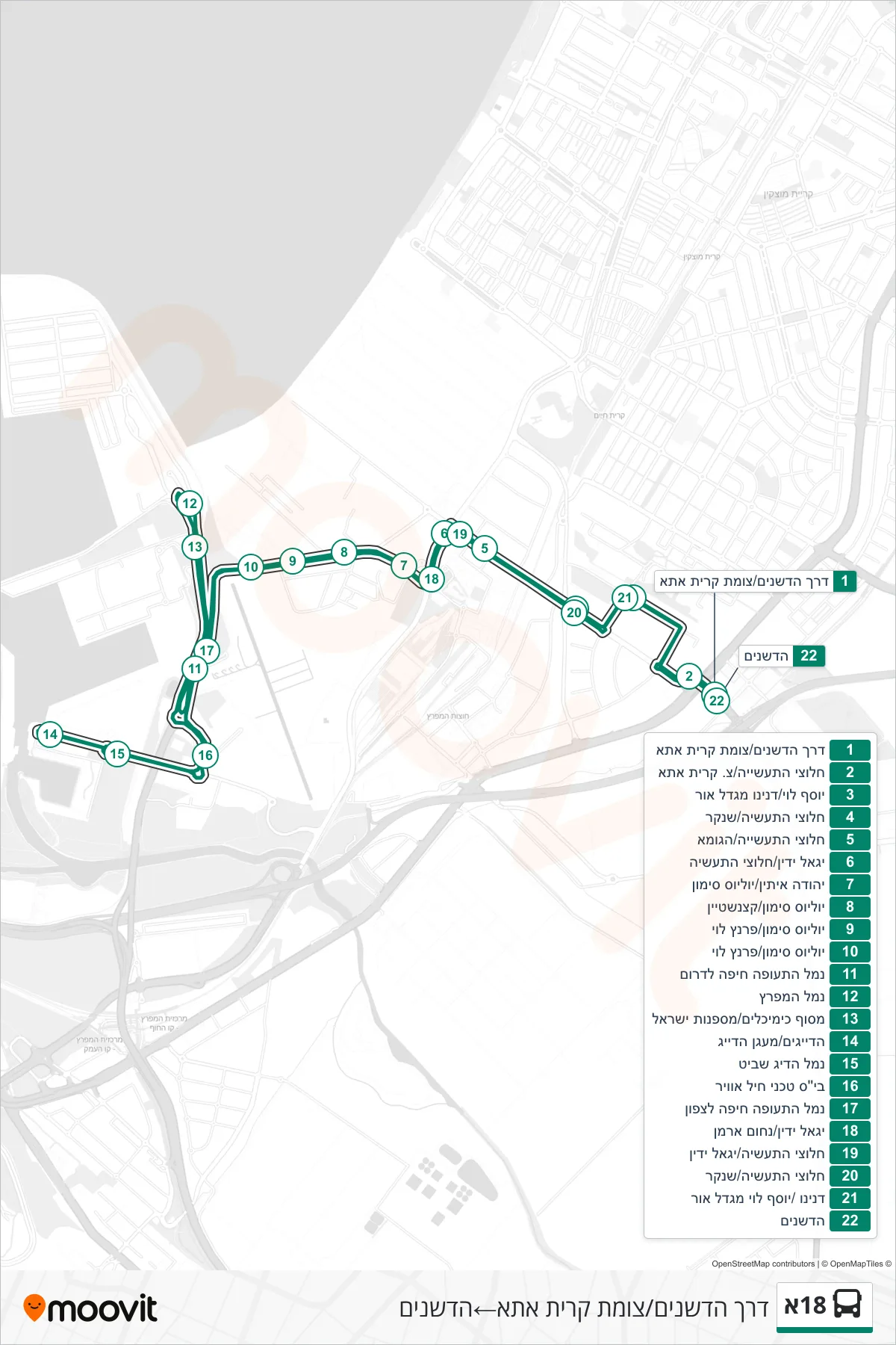 18A bus Line (Hadeshanim Road/Kiryat Ata Junction‎→HaDashanim) route and stops on a map