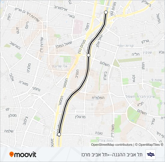 מפת המסלול של קו רכבת ישראל תל אביב ההגנה - תל אביב מרכז