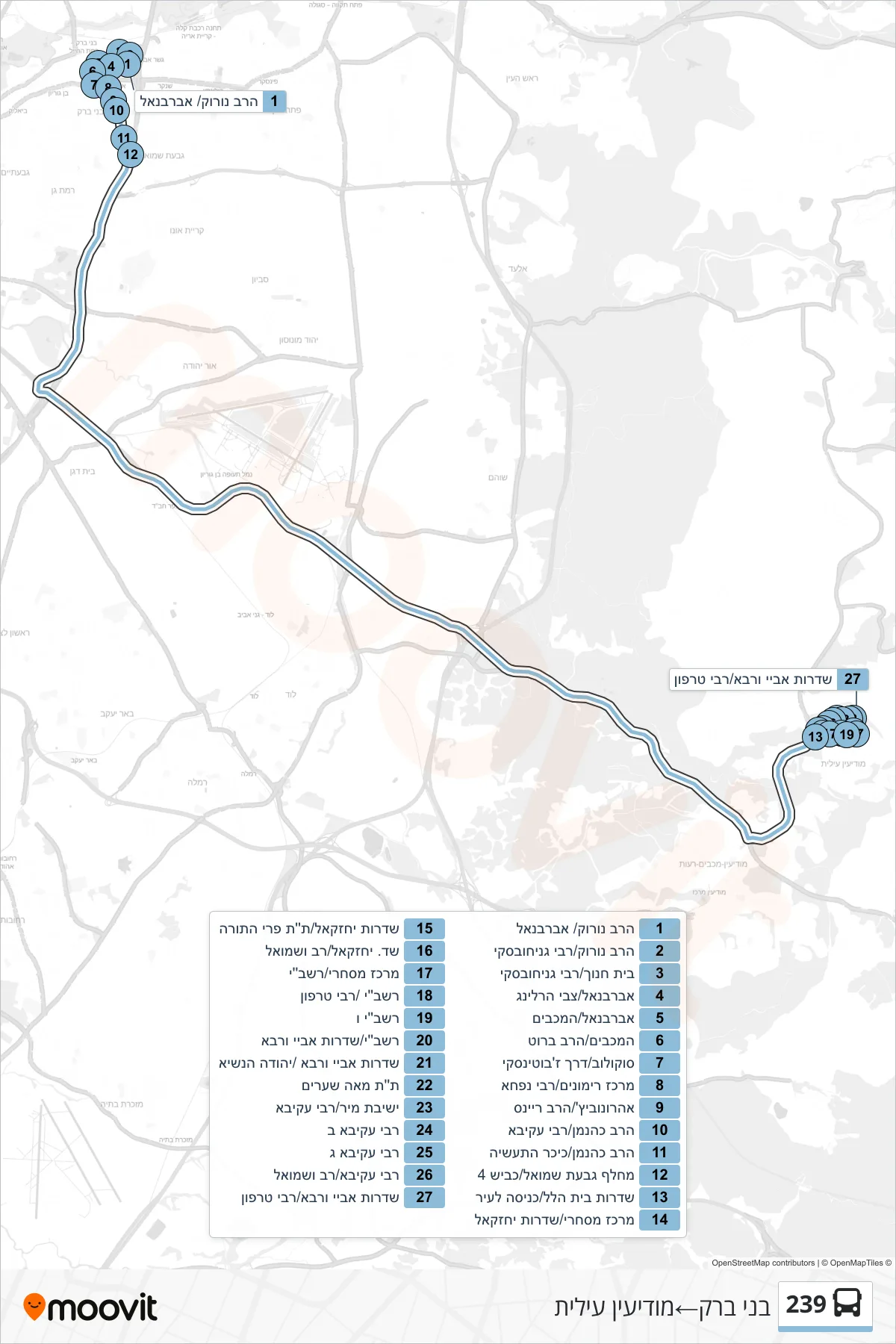 239 bus Line (Bnei Brak‎→Modi'in Illit) route and stops on a map