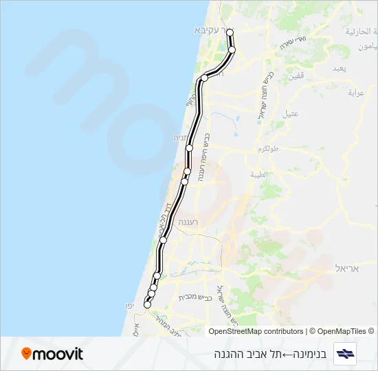 Железные дороги Израиля בנימינה - תל אביב ההגנה: карта маршрута