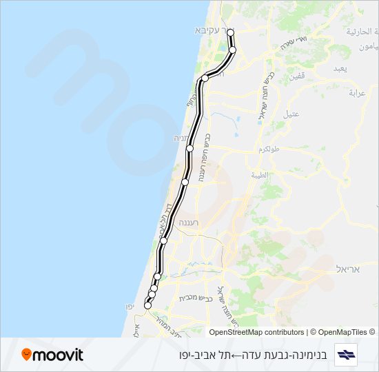 מפת המסלול של קו רכבת ישראל בנימינה - תל אביב ההגנה