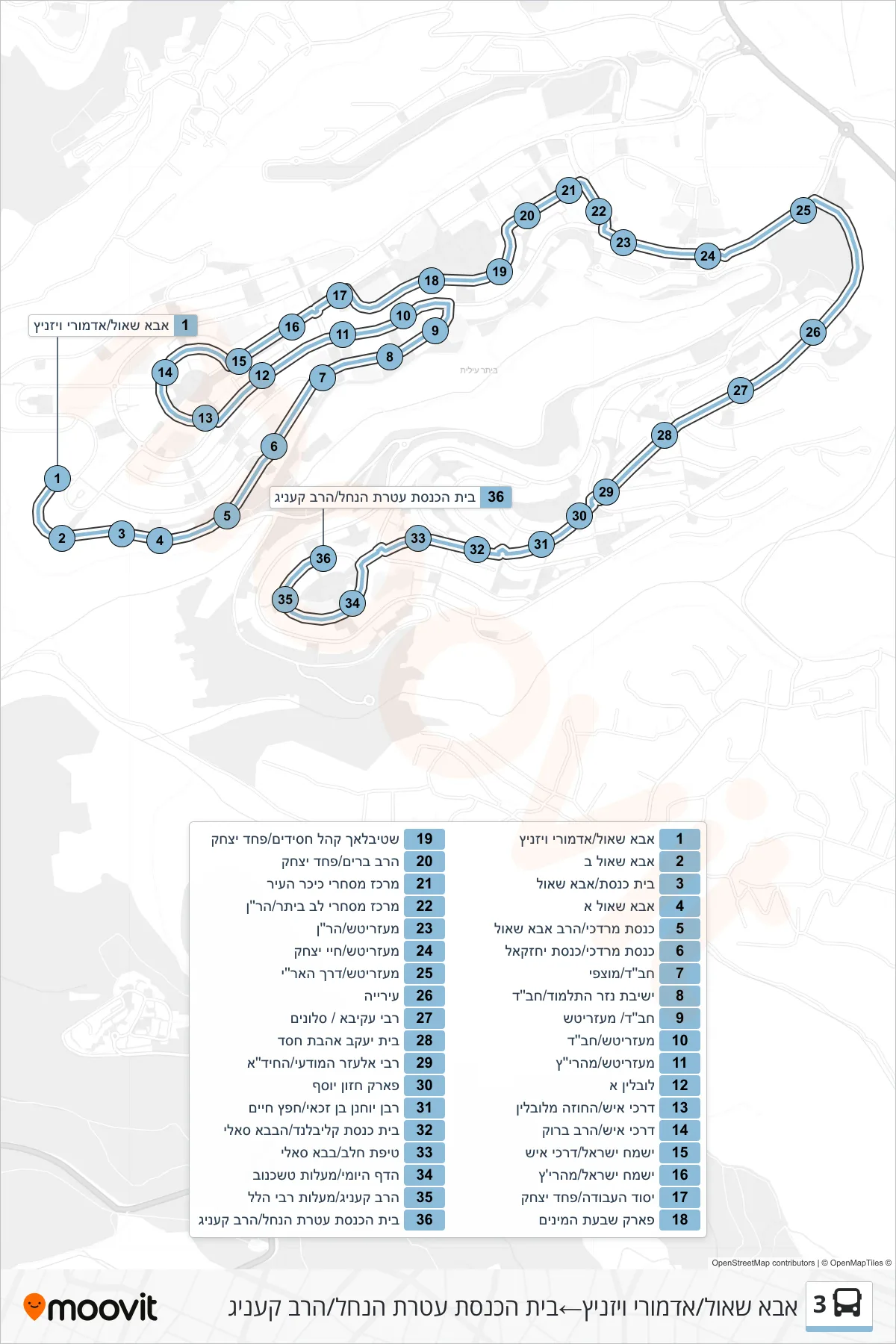 3 bus Line (Abba Shaul/Admor Viznitz‎→Ateret HaNachal Synagogue/Rabbi Koenig) route and stops on a map