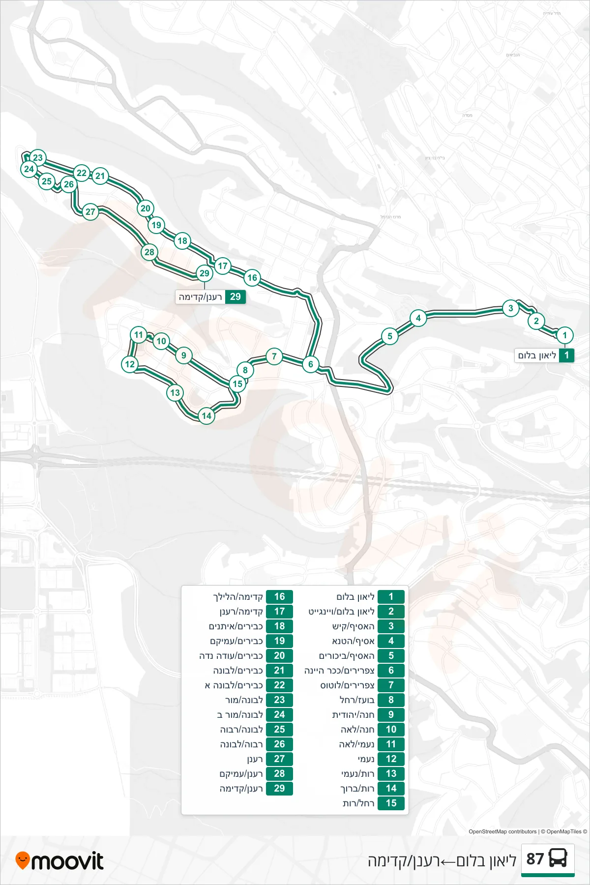 87 bus Line (Leon Blum→Ra'anan/Kadima) route and stops on a map