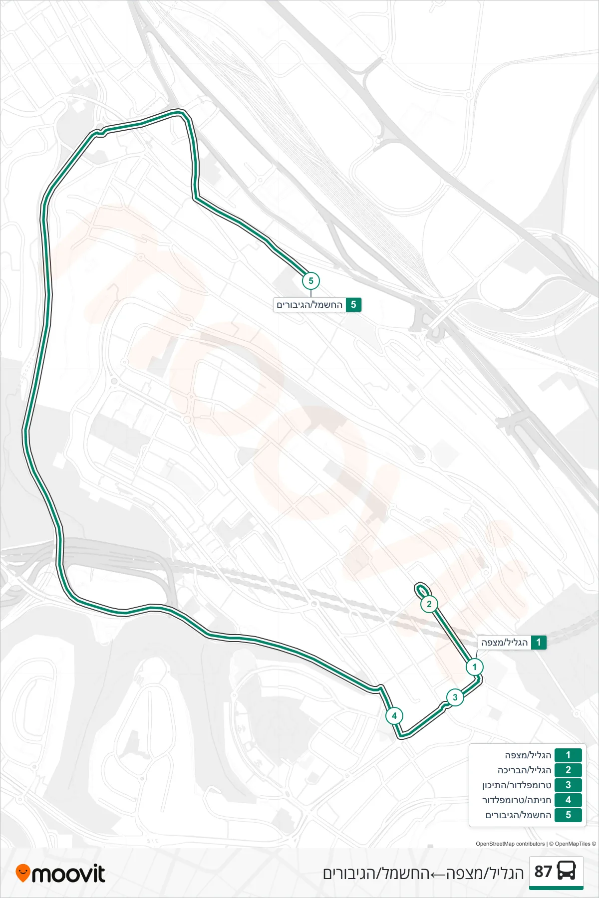 87  Line (HaGalil/Mitzpe‎→HaChashmal/HaGiborim) route and stops on a map