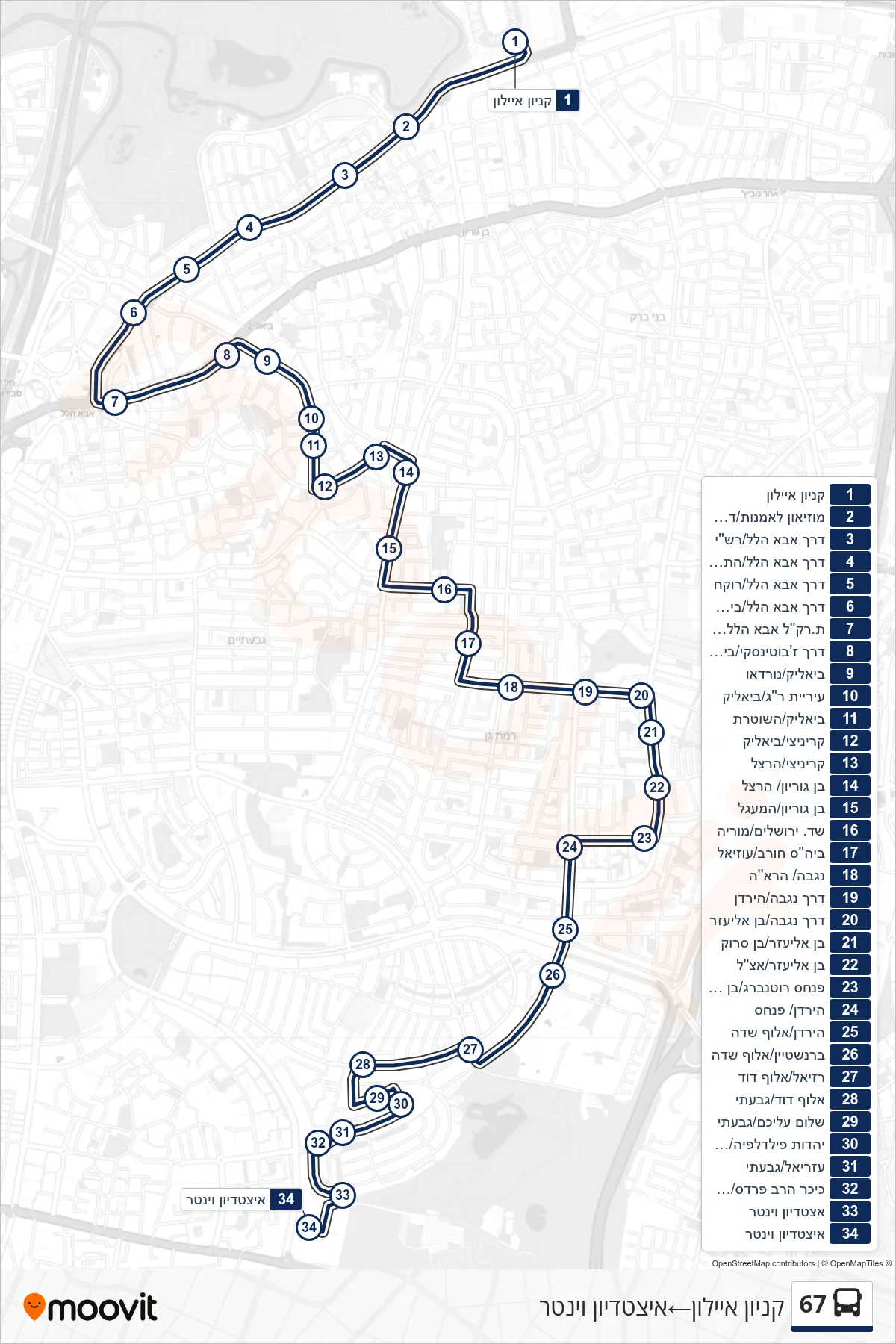 67 bus Line (Ayalon Mall‎→Winter Stadium) route and stops on a map