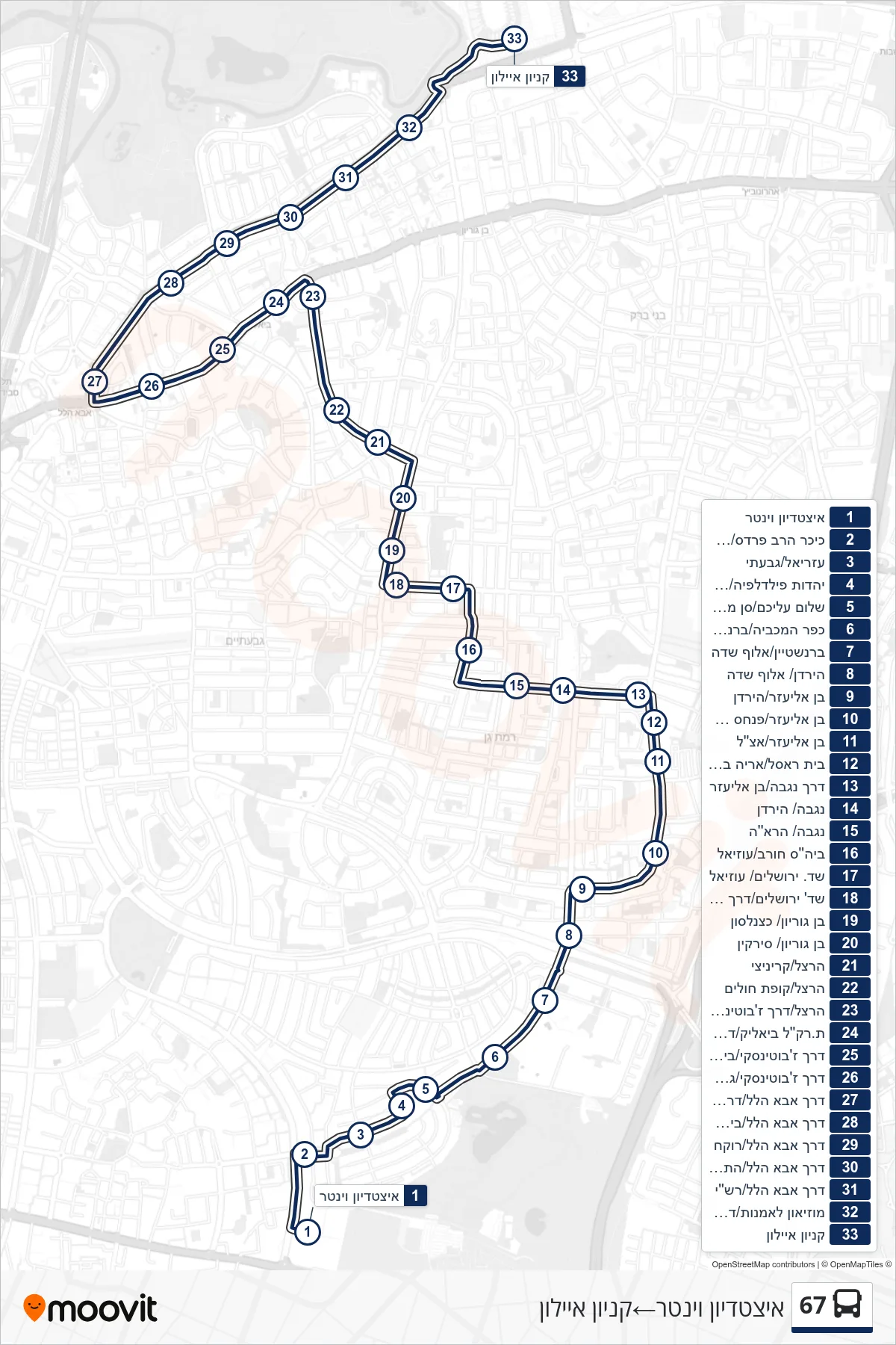 67  Line (Winter Stadium‎→Ayalon Mall) route and stops on a map