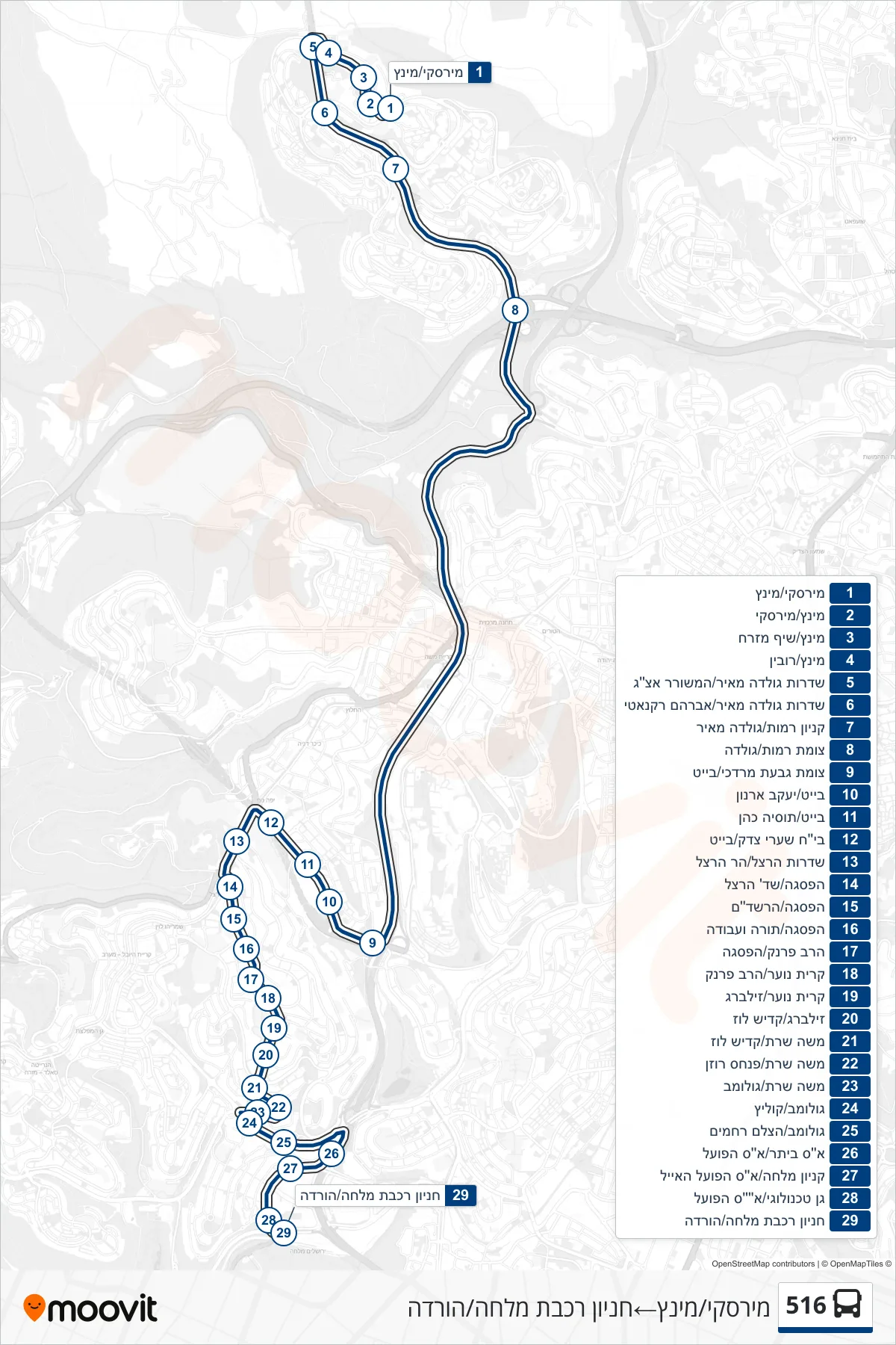 516 bus Line (Mirsky/Mintz‎→Malha Train Station Parking/Drop-off) route and stops on a map