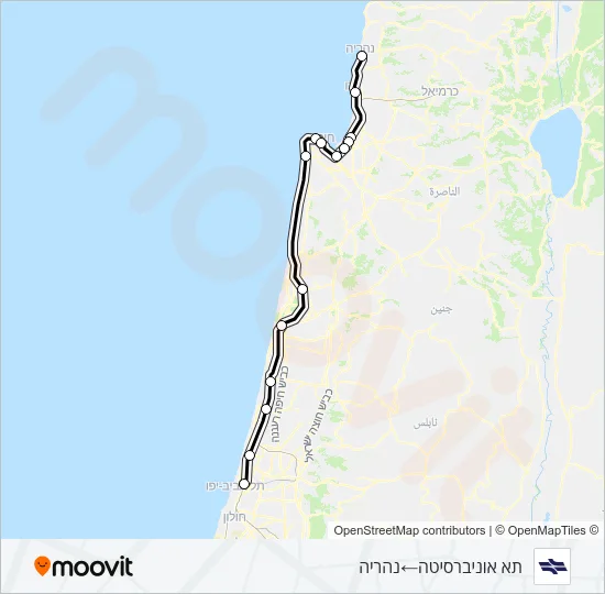 Железные дороги Израиля תא אוניברסיטה - נהריה: карта маршрута