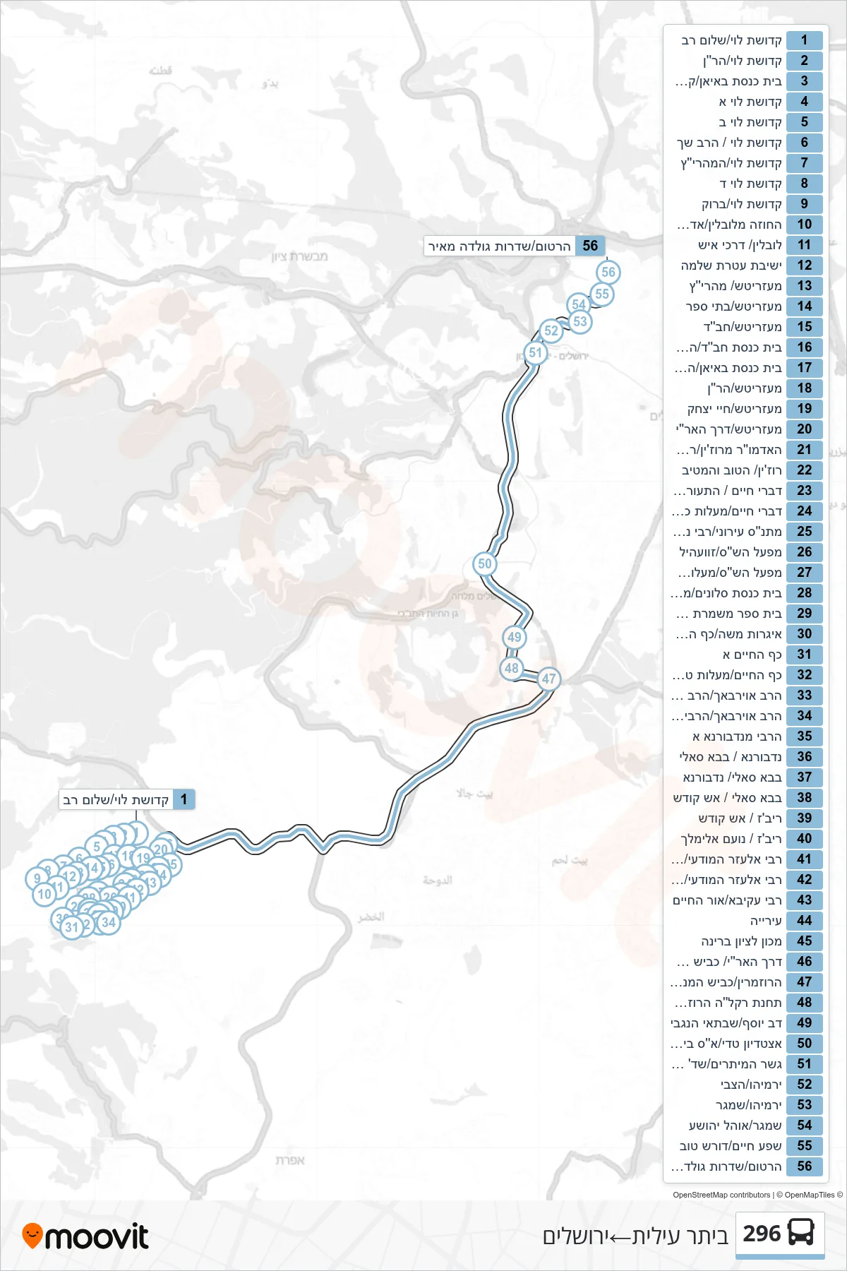 296 bus Line (Beitar Illit‎→Jerusalem) route and stops on a map