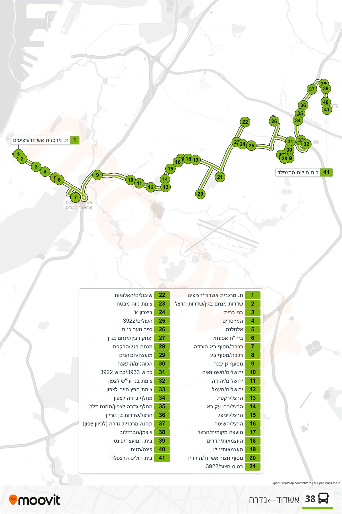 38 bus Line (Ashdod→Gedera) route and stops on a map