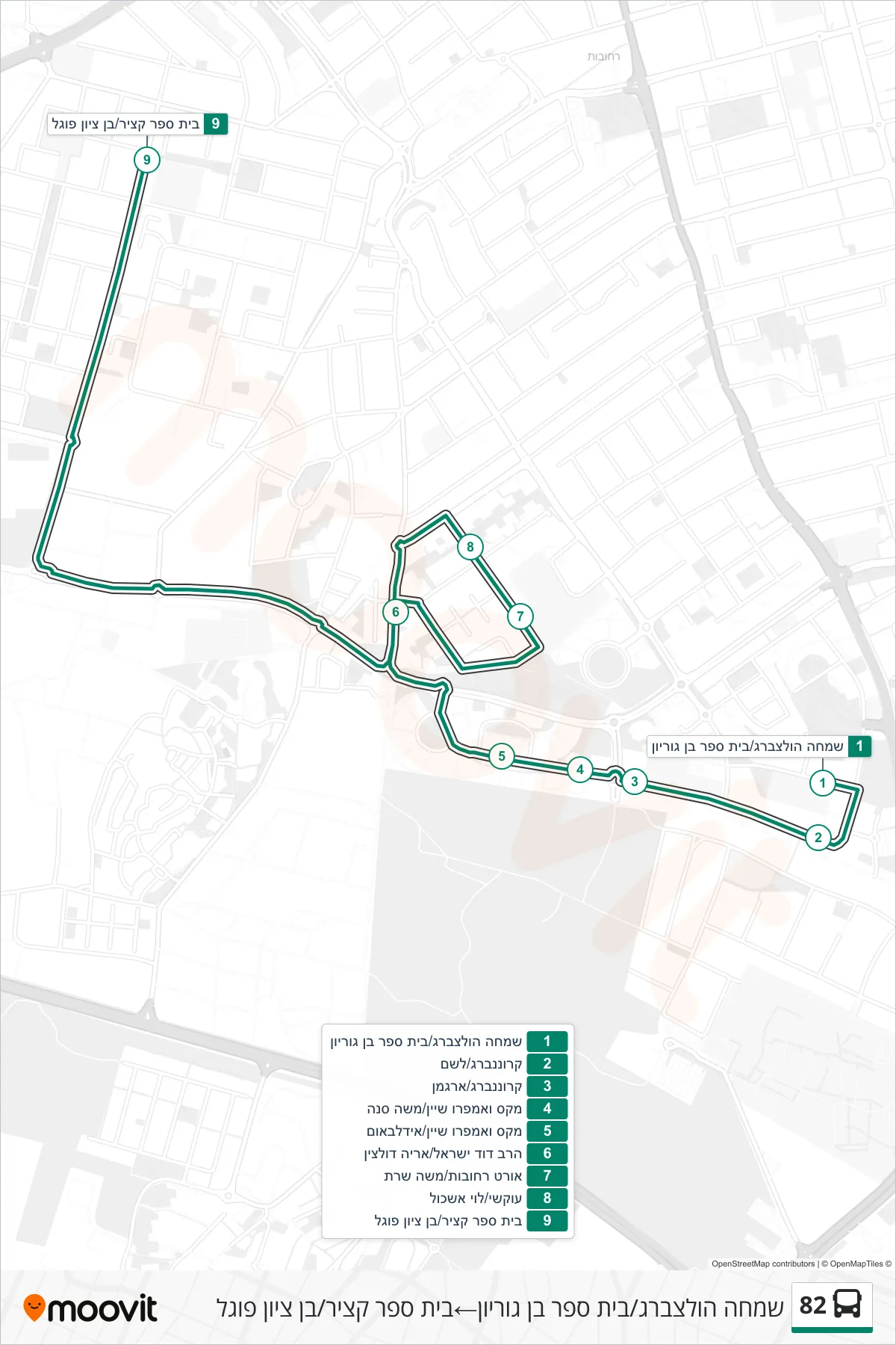 82  Line (Simcha Holtzberg/Ben Gurion School‎→Katzir School/Ben Zion Fogel) route and stops on a map