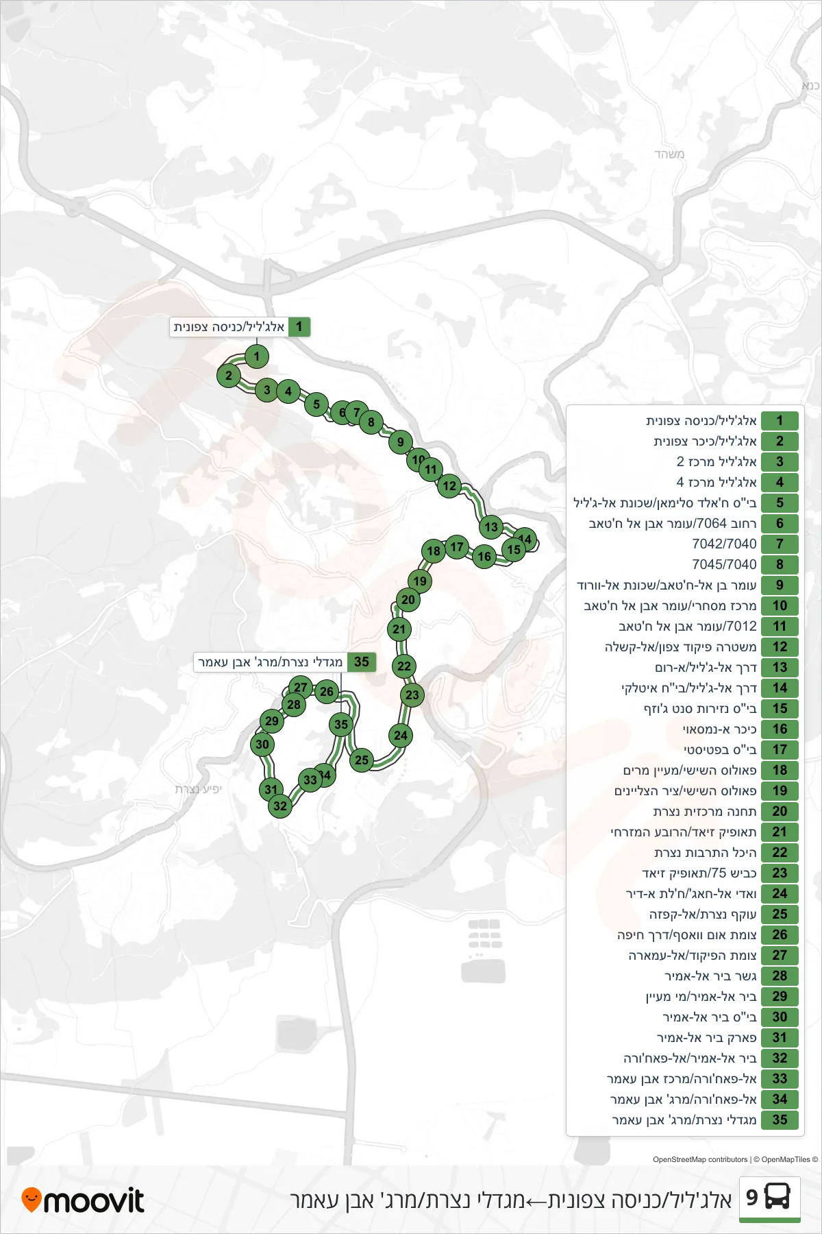 9 bus Line (Al-Jalil/North Entrance‎→Nazareth Towers/Marj Ibn Amer) route and stops on a map
