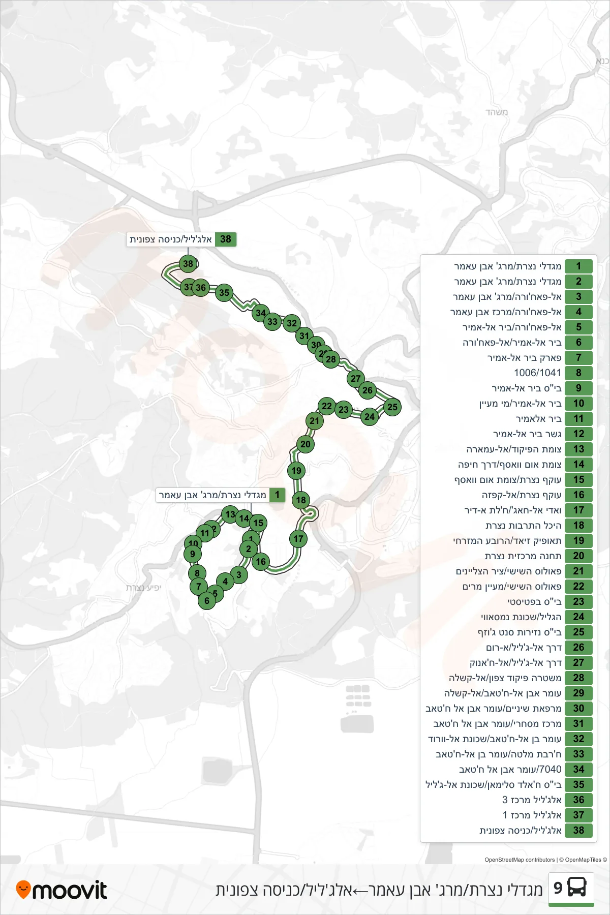 9 bus Line (Nazareth Towers/Marj Ibn Amer‎→Al-Jalil/North Entrance) route and stops on a map
