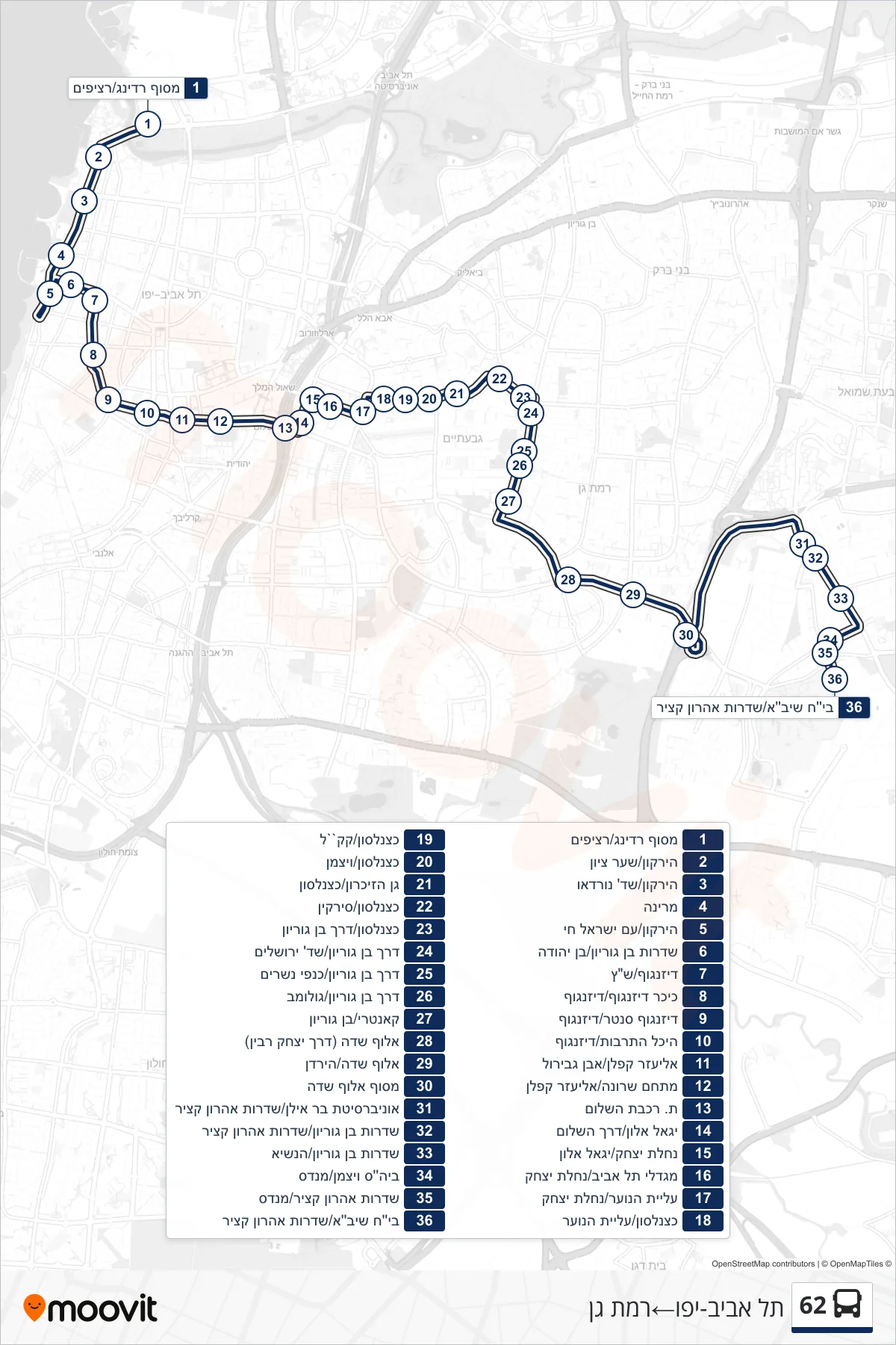 62 bus Line (Tel Aviv-Yafo‎→Ramat Gan) route and stops on a map
