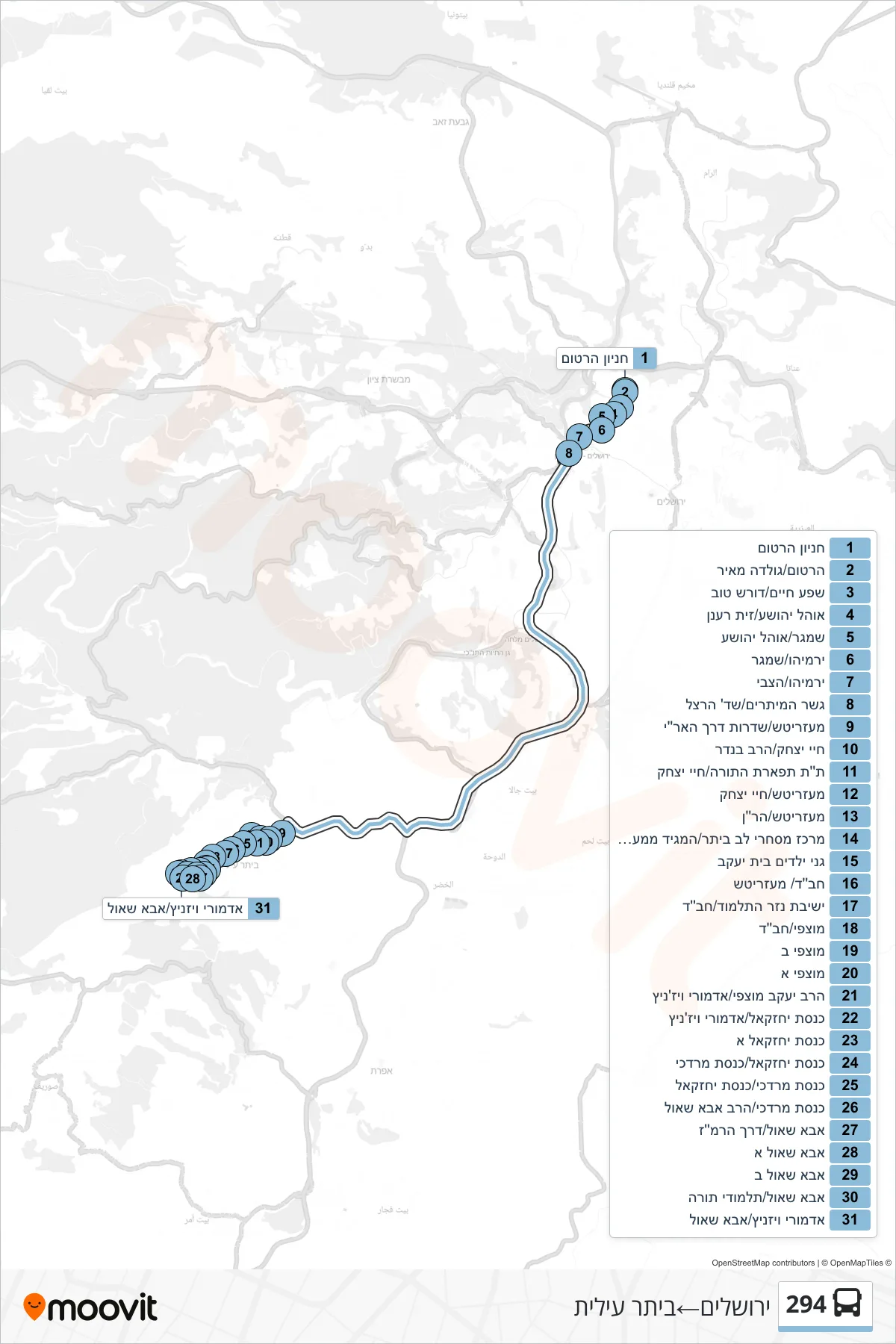 294 bus Line (Jerusalem‎→Beitar Illit) route and stops on a map