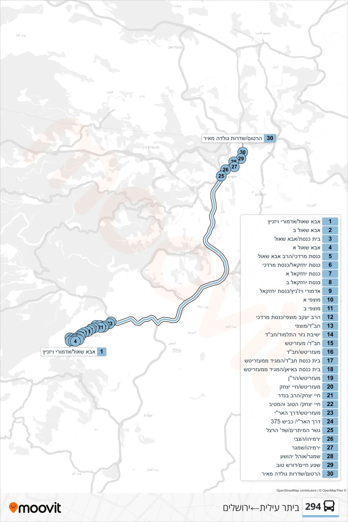 294  Line (Beitar Illit‎→Jerusalem) route and stops on a map