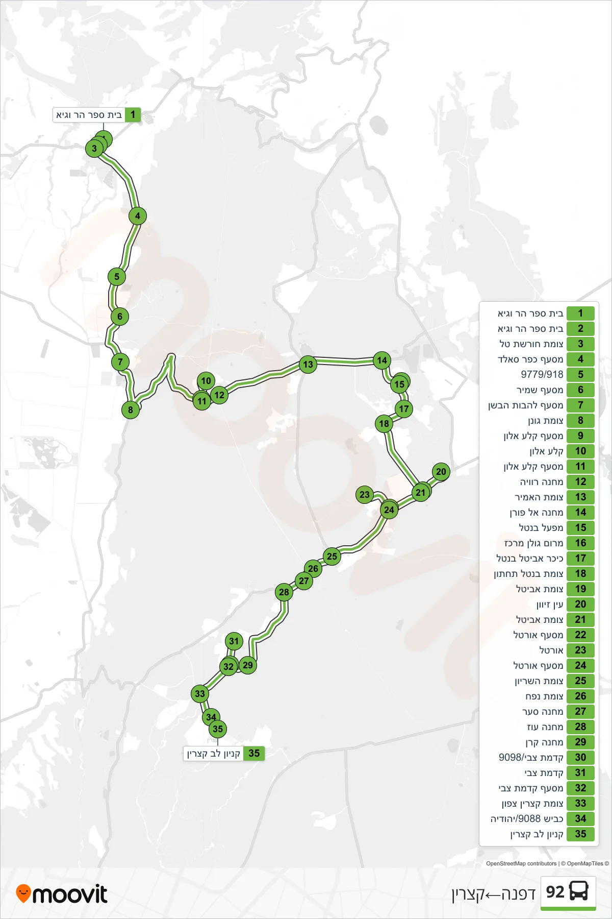 92 bus Line (Dafna‎→Katzrin) route and stops on a map