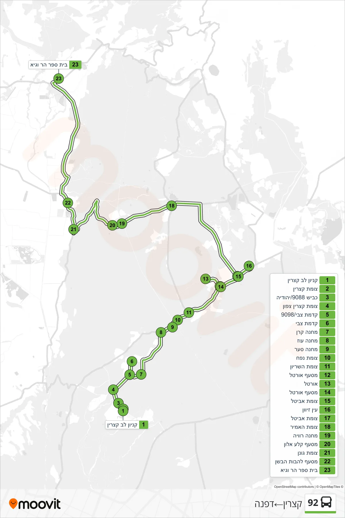 92 bus Line (Katzrin‎→Dafna) route and stops on a map