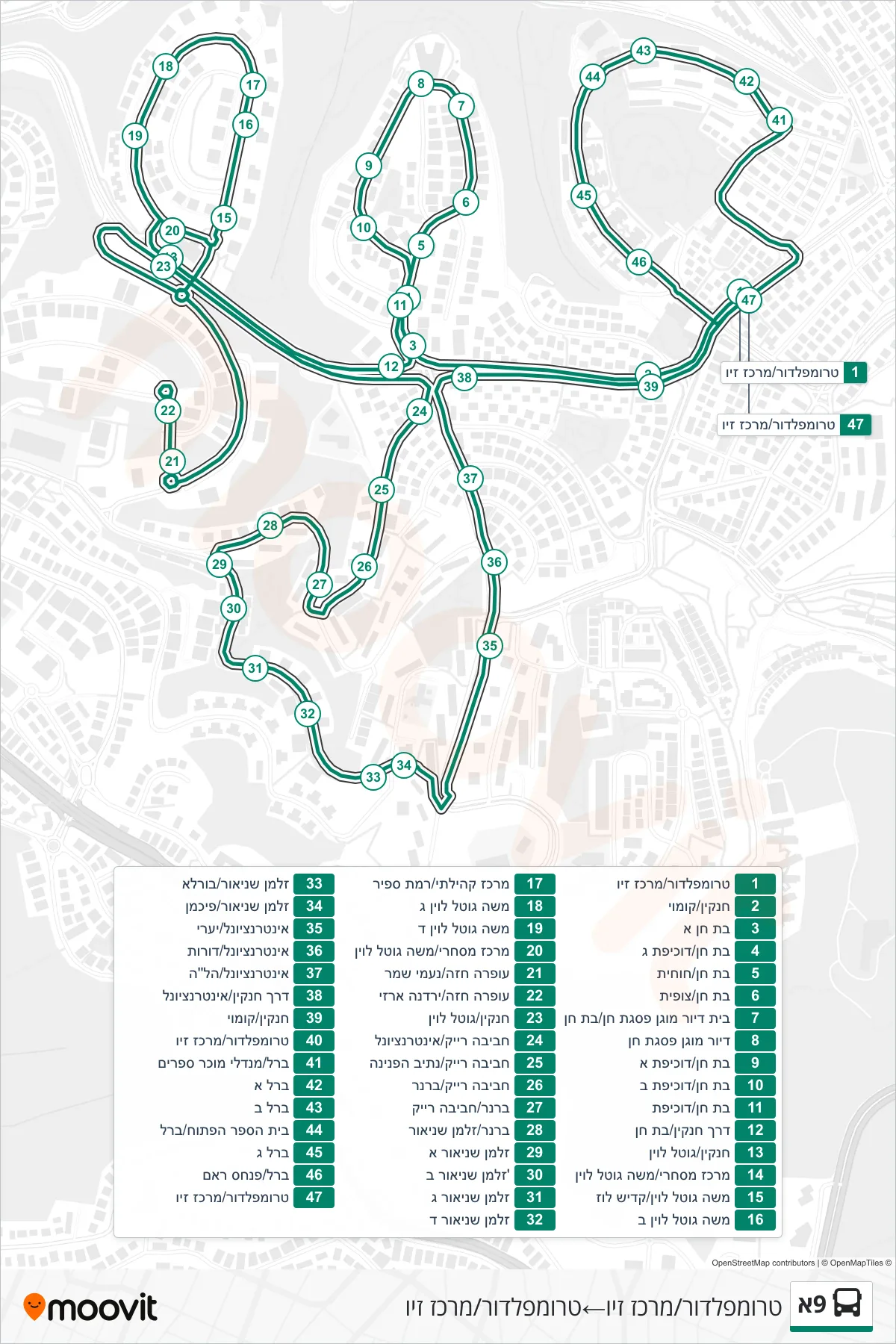9A bus Line (Trumpeldor/Ziv Center‎→Trumpeldor/Ziv Center) route and stops on a map