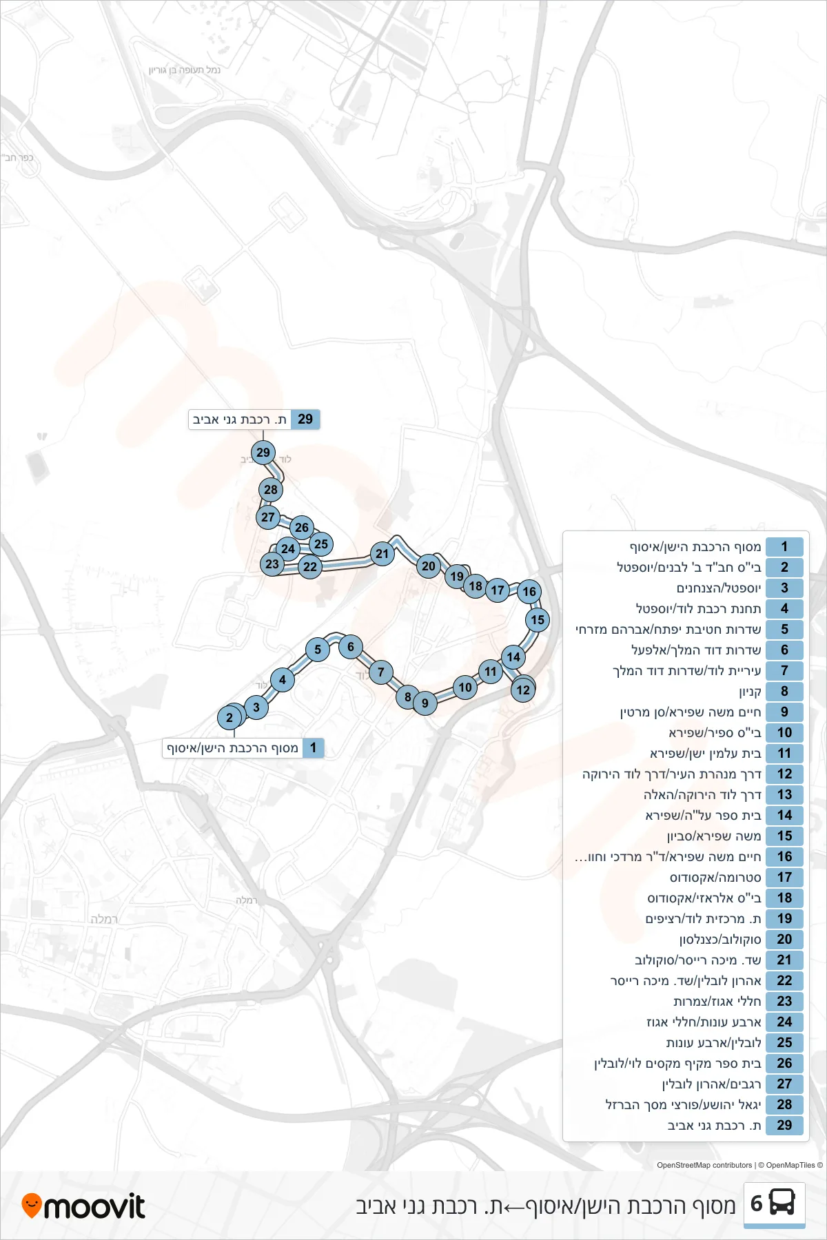 6 bus Line (Old Railway Terminal/Pickup‎→Ganei Aviv Railway Station) route and stops on a map